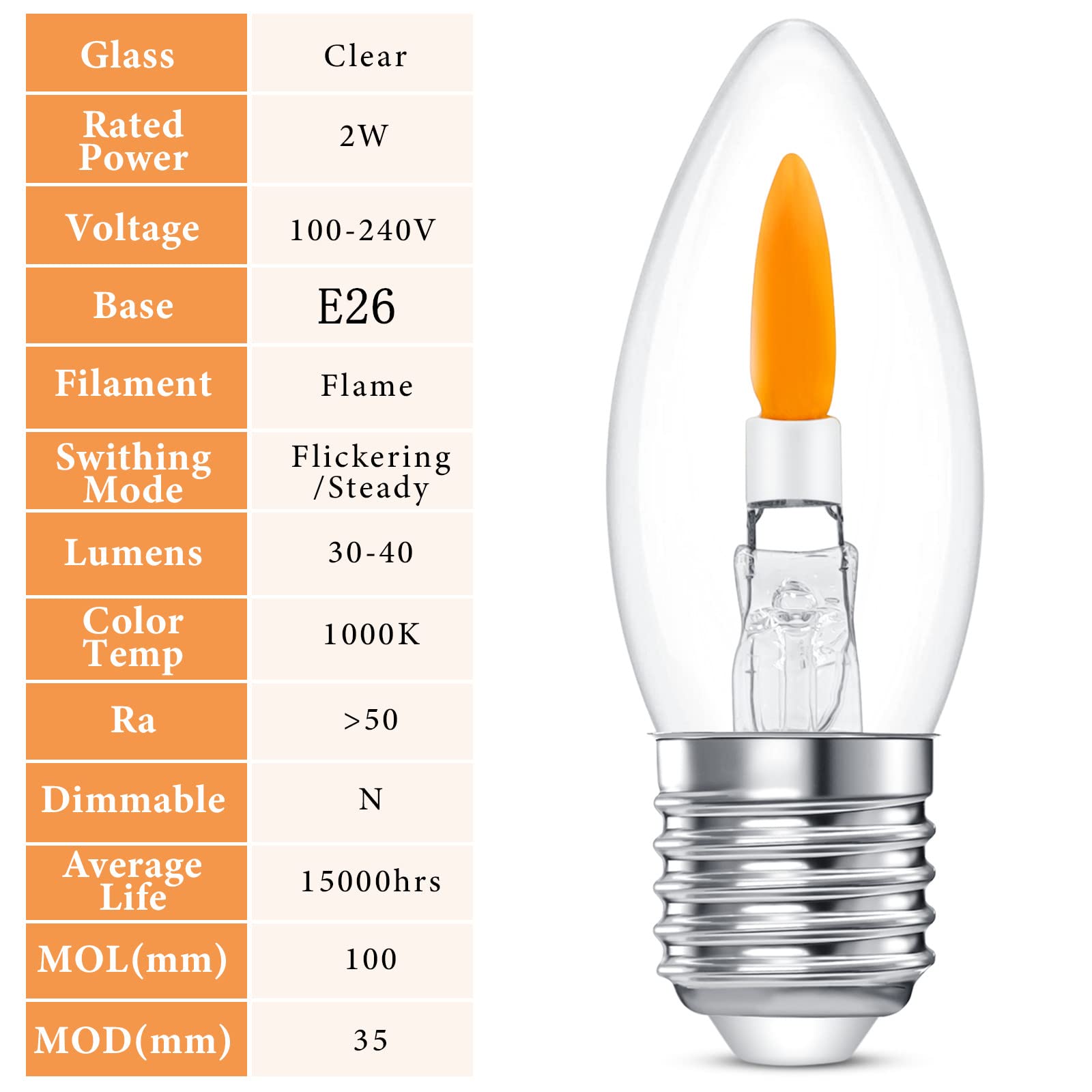 B11 Led Flame Light Bulb, 2 Modes Flickering Light Bulb,2W 1800K 40Lm E26 Chandelier Base Candle Fire Light Bulb For Halloween Christmas Party Porch Indoor & Outdoor Home Decoration (C35E26, 1, Count)