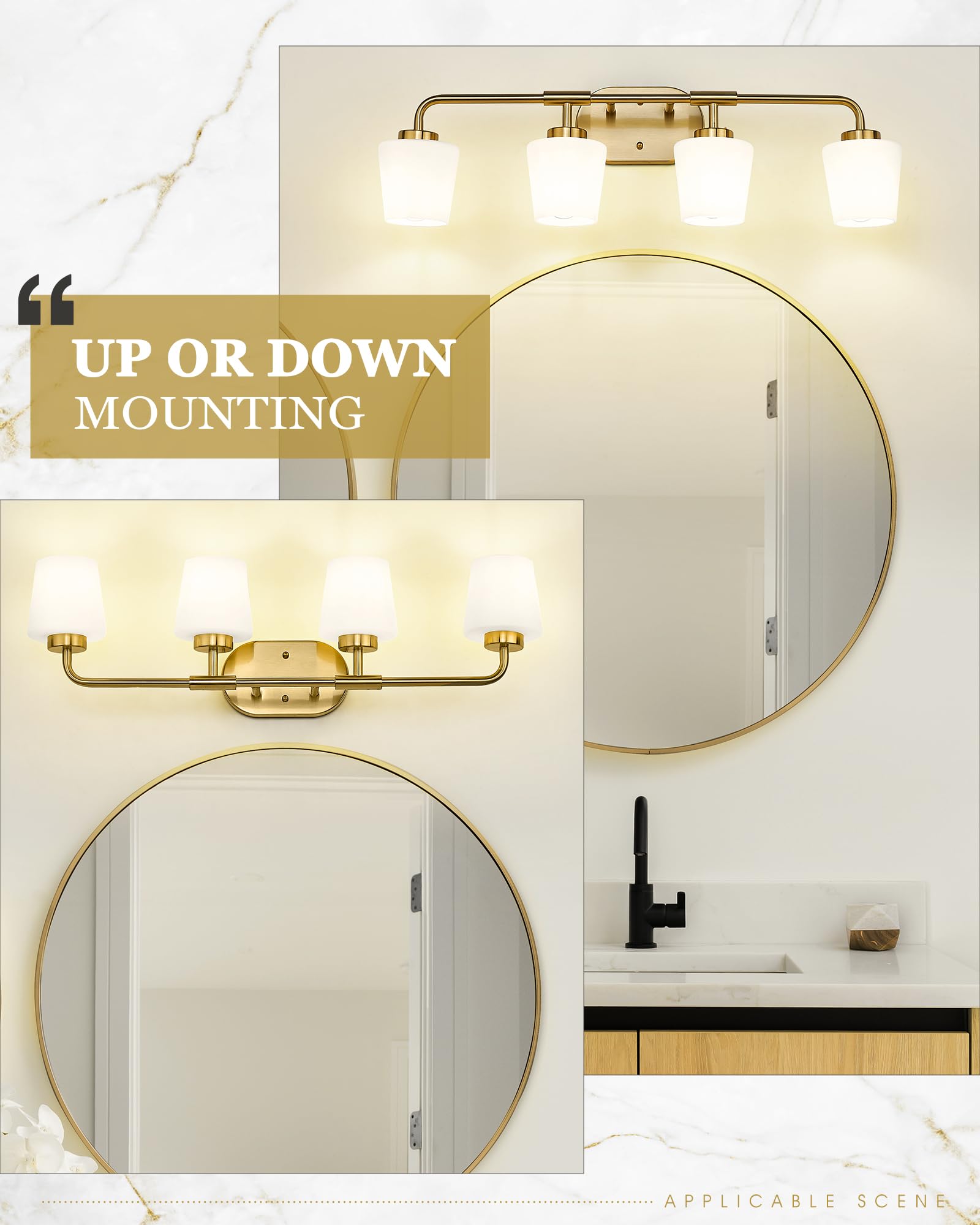 Audickic 4-Light Bathroom Light Fixture, Brushed Gold Vanity Lighting with Milk White Glass, Model AD-22004-4W-GD