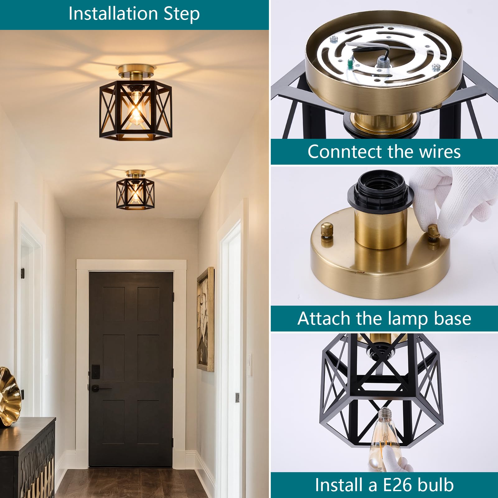 XSDeTu Flush Mount Ceiling Light, Black & Gold Metal, Hexagonal Cage Design, Modern Small Chandelier, 2 Pack