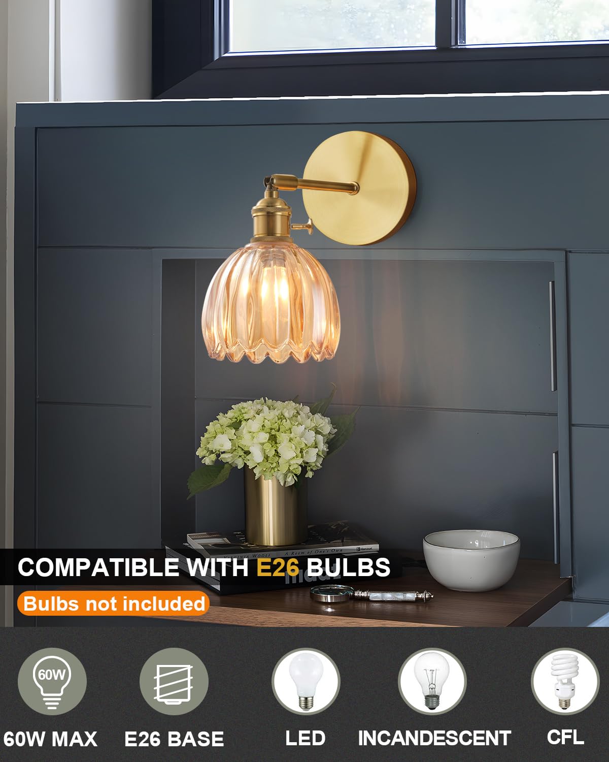 Plug In And Hardwired Wall Sconces, Luxury Vintage Tulip Crystal Glass Shade Wall Light With Switch For Bedside Bedroom Living R