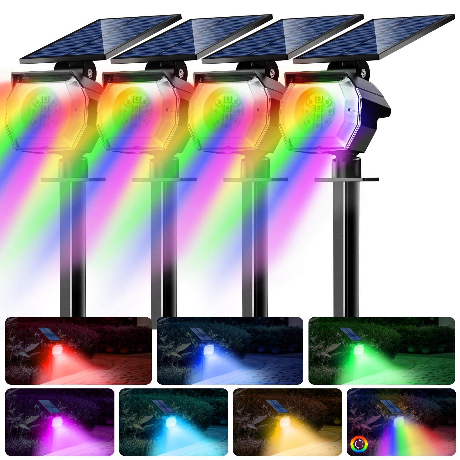 btfarm Solar Spot Lights Outdoor Color Changing, 4 Pack LED Solar Spotlights Outdoor Waterproof IP65, 7 Multicolor Modes Solar P