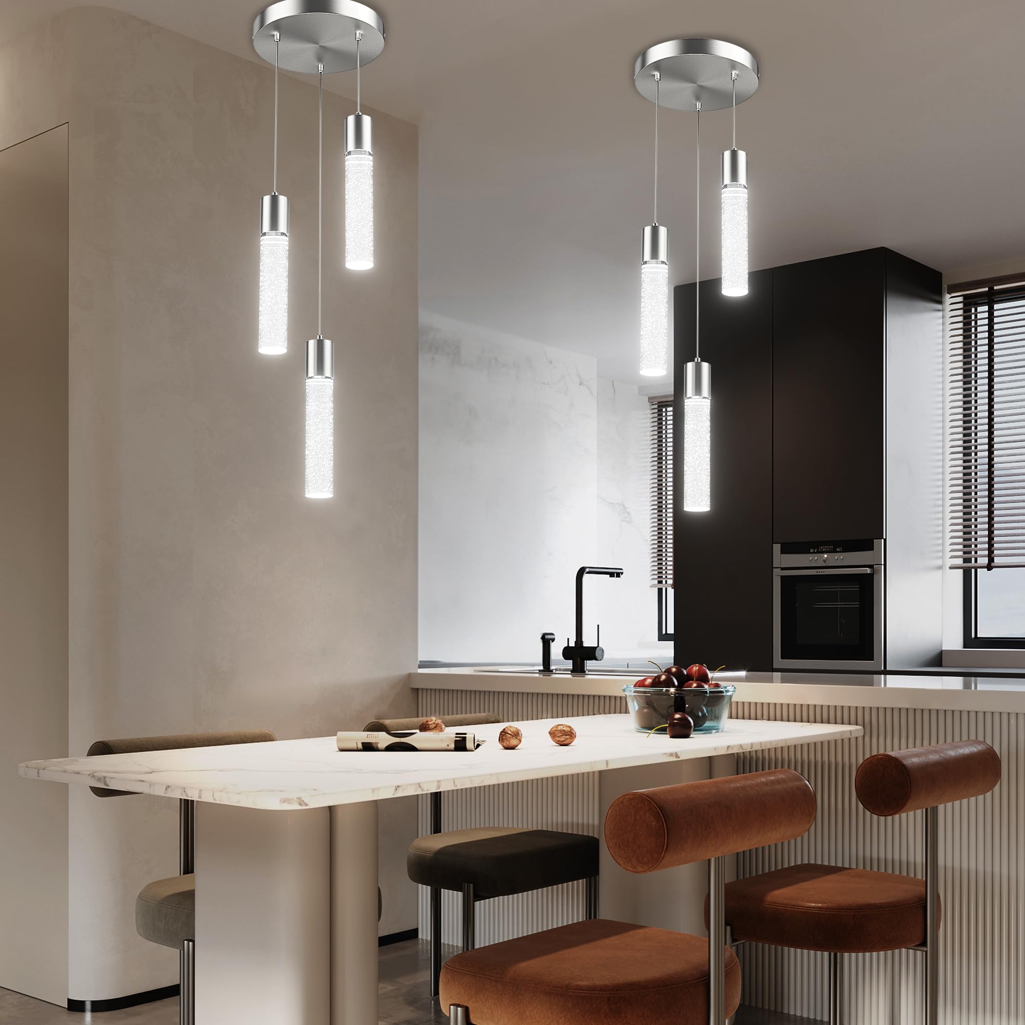 Esfos Pendant Lights Kitchen Island 3-Light, 6500K Modern Kitchen Island Lights Ceiling Lighting Fixtures With Crystal Bubble, I