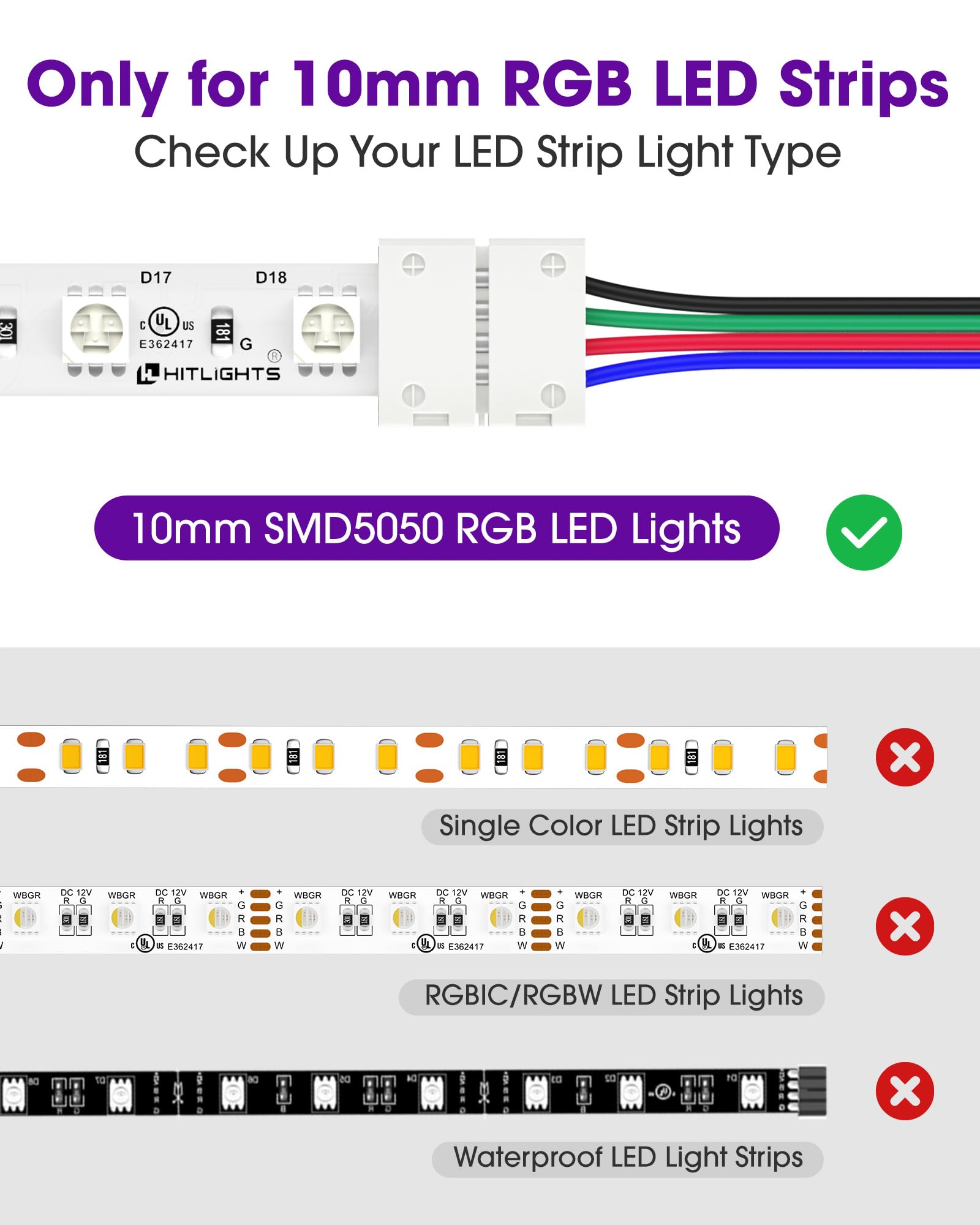 HitLights 12 Pack RGB LED Strip Connectors, 10mm 4 Pin, 6 Inch Solderless, Plastic, Model CON-10M-B00A-12PK-FBA