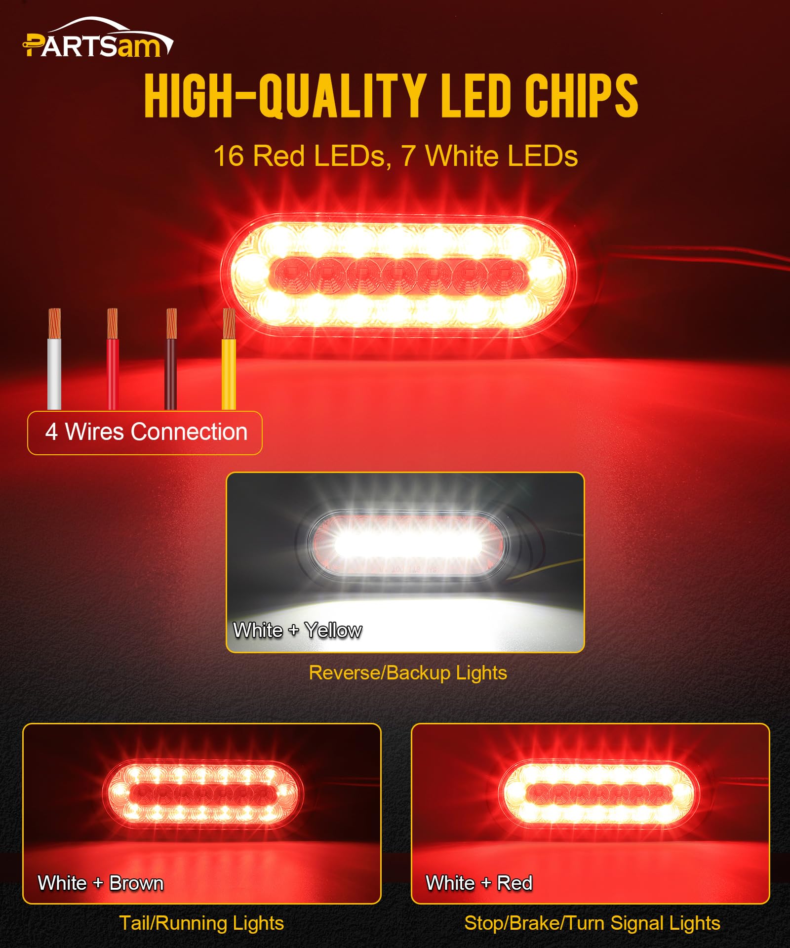 Partsam 4Pcs 6.3&quot; Inch Oval Led Trailer Taillights Stop Brake Lights Running Red And White Backup And Reverse Lights, Sealed 6.3 Inch Oval Led Trailer Lights Kit Grommet Mount For Rv Trucks