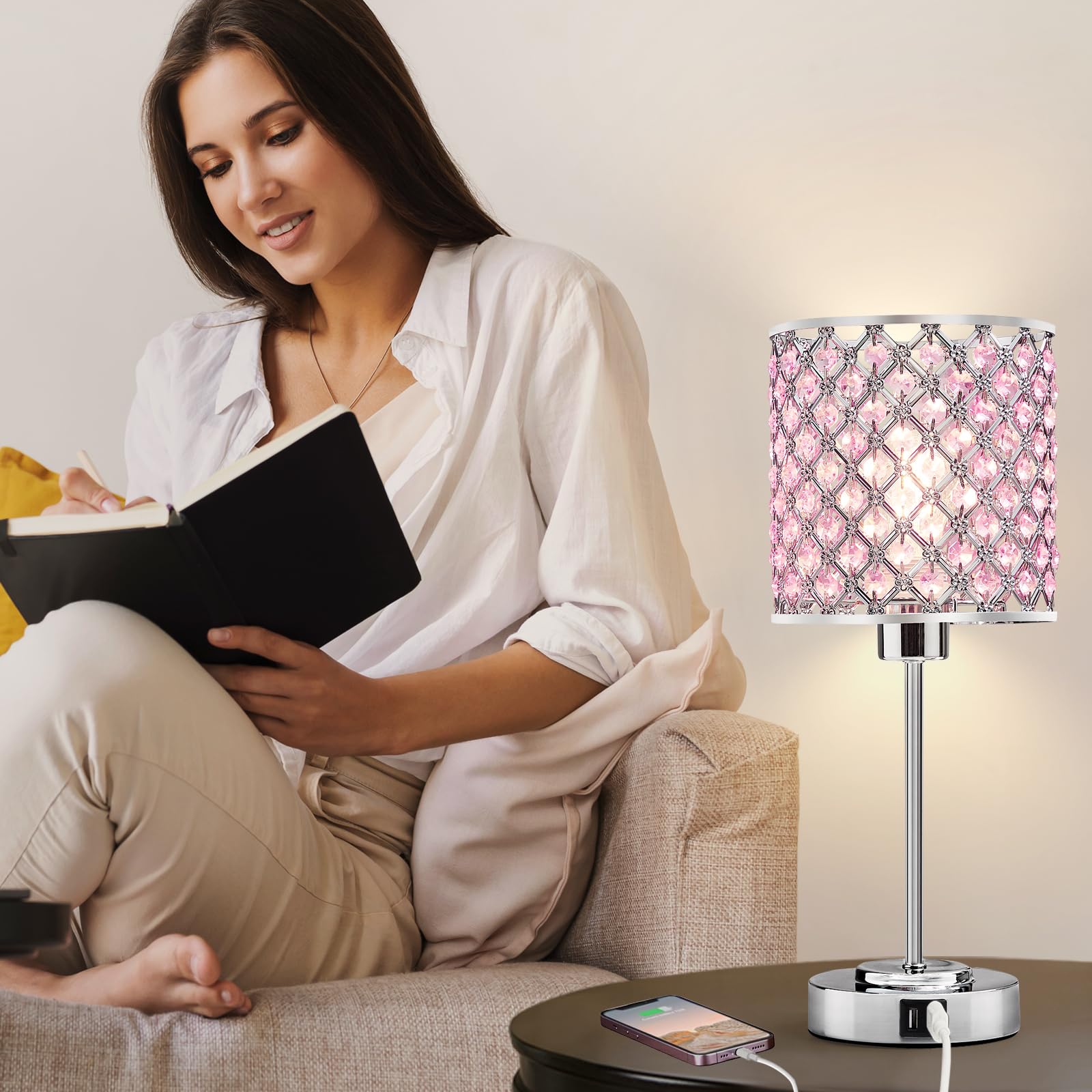 Crystal Table Bedside Lamp Touch Control, 3-Way Dimmable Small Nightstand Lamp Set Of 2 With Usb-C+A Charging Ports, Decorative