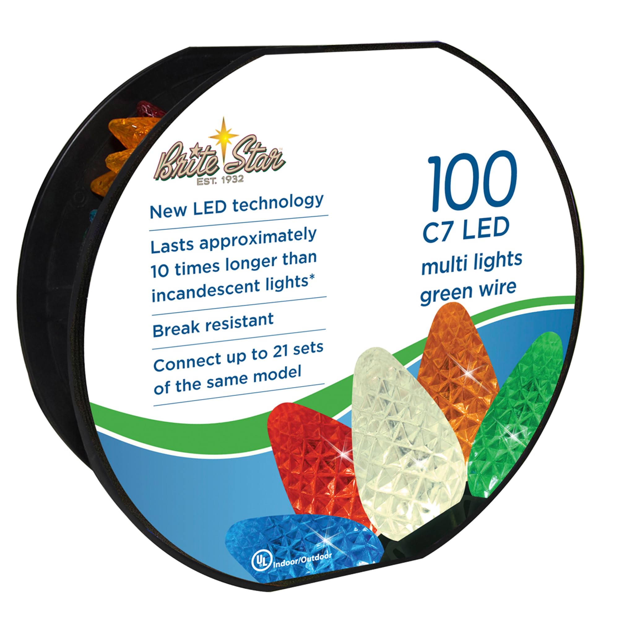 Brite Star LED C7 Faceted Light Set, 100 Count, Multicolor, Model 39-550-00, Plastic