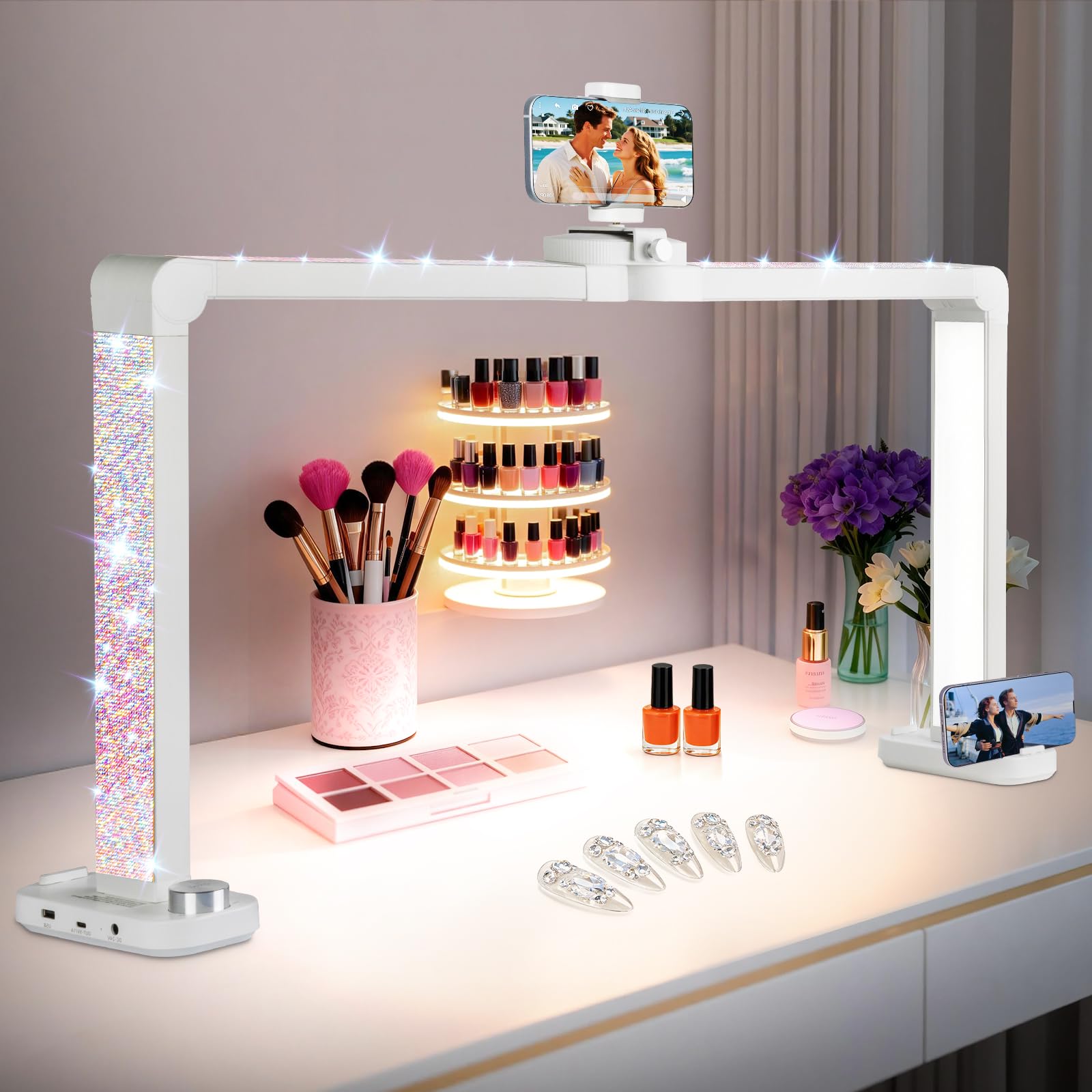 KIRKAS 34inch Large Half Moon Light for Nail Tech with Diamond, 456 LEDs 3 Color Modes Infinitely Knob with Phone Holder Chargin
