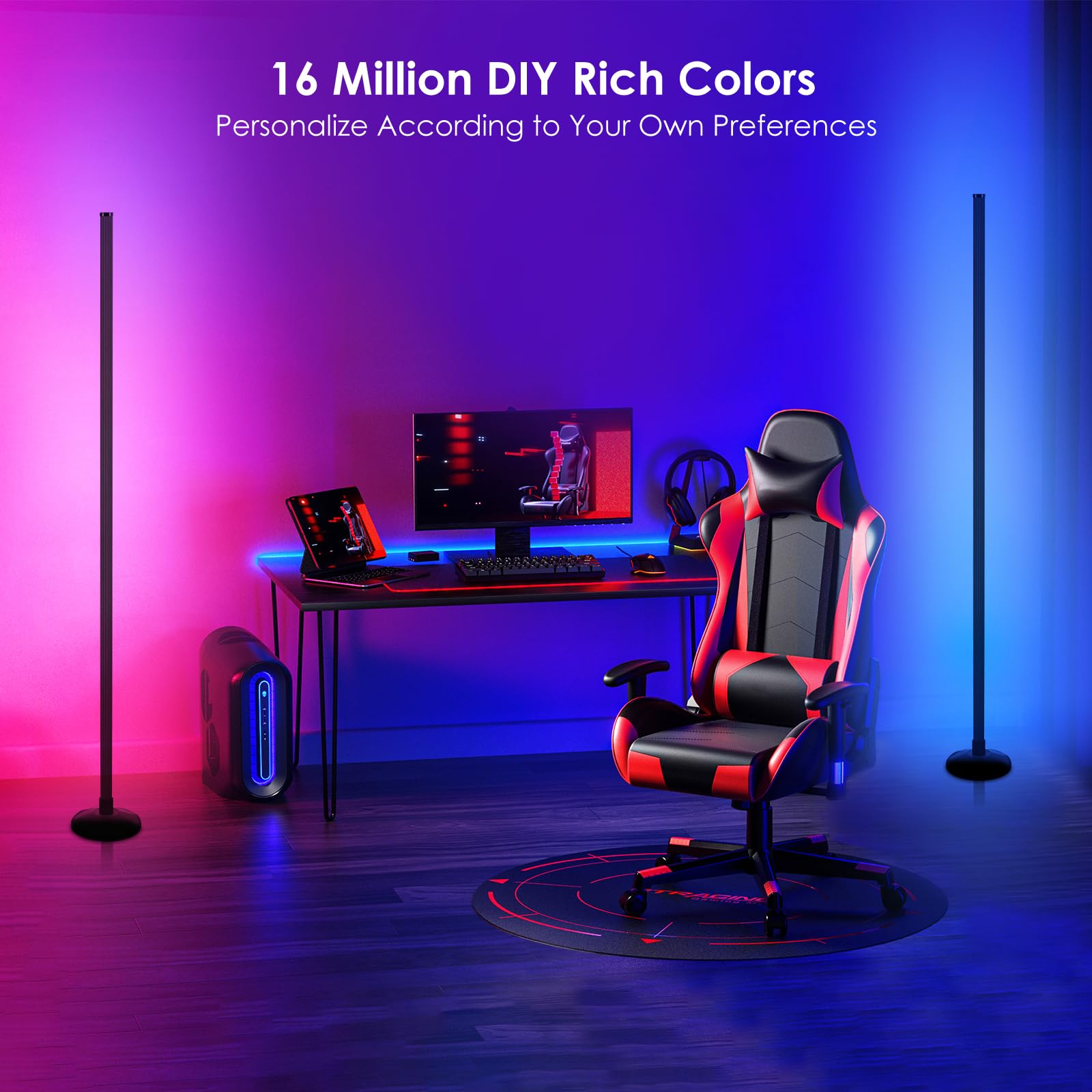 2Pcs Rgb Corner Floor Lights, Floor Lamp Rgb Color Changing Corner Lamp Led Modern Floor Lamp With Bluetooth App And Remote Control Music Sync, 65" Rgb Mood Lighting 24H Timing 398+ Diy Modes Lamp