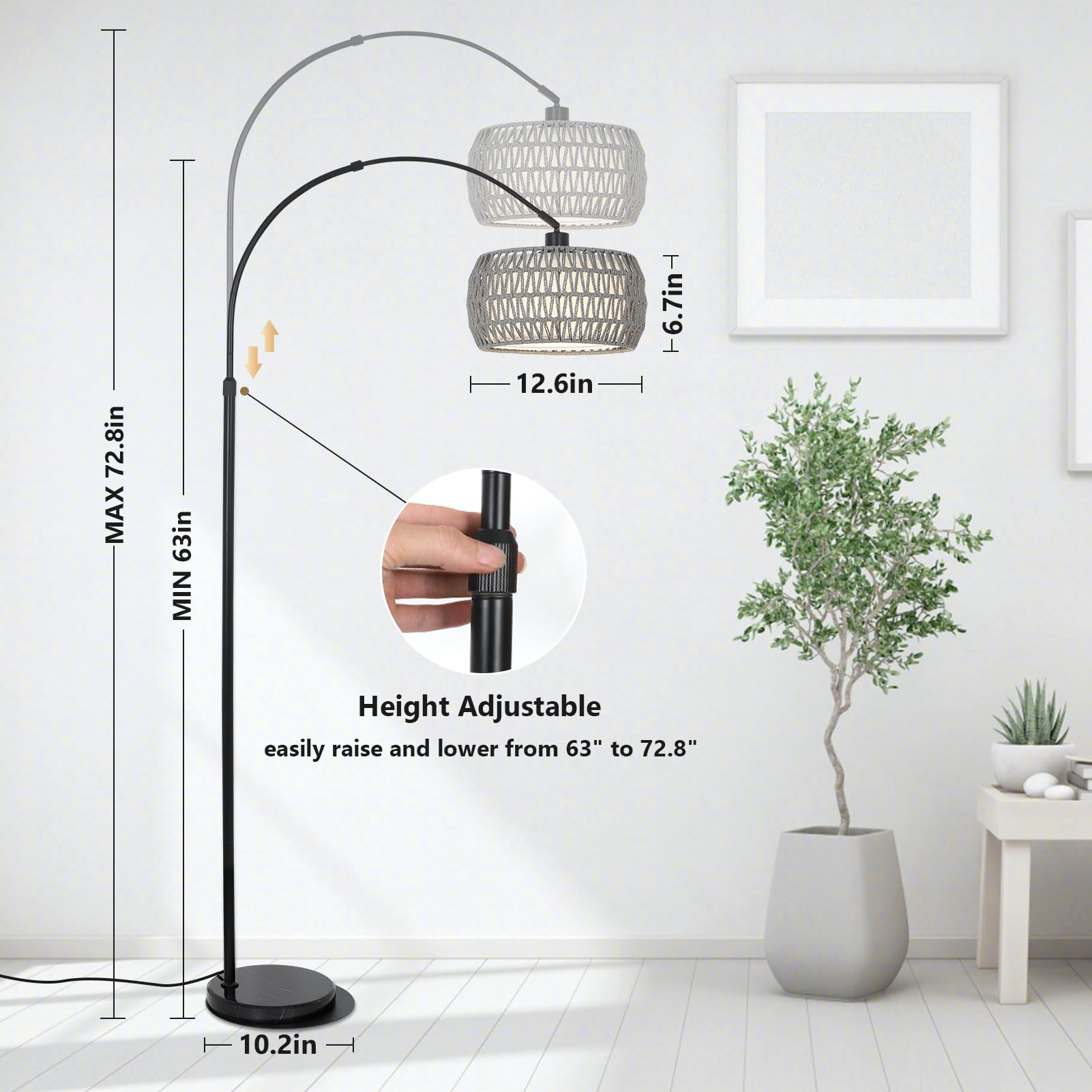 Arc Standing Lamp, Boho Floor Lamps For Living Room With Remote And Led Dimming Bulb, Rattan Tall Lamp For Bedroom With 3 Color