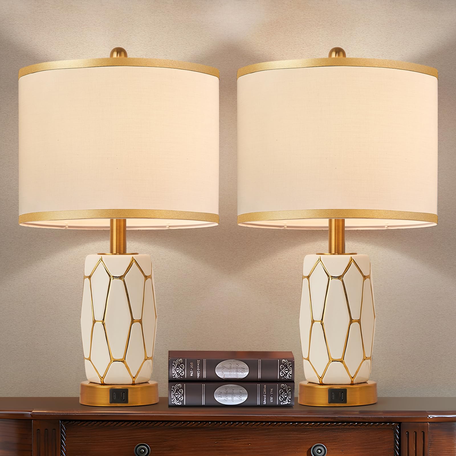 workluurop Touch Control Ceramic Table Lamps Set of 2 with USB Ports, 22.5 Inches, White, Bedside Nightstand Lamp with Fabric Drum Shade