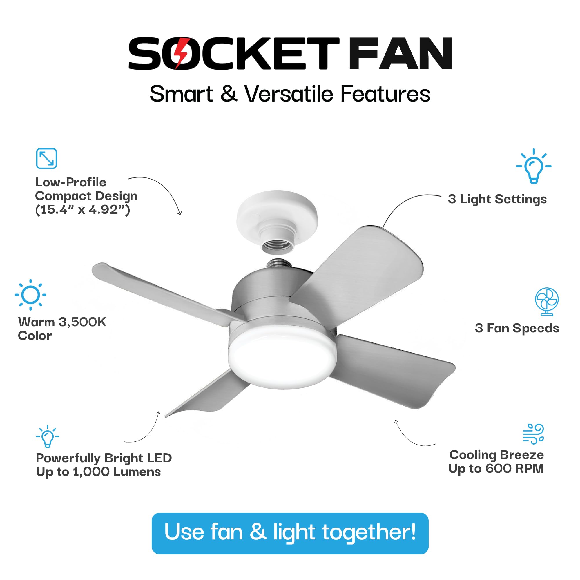 Socket Fan Light Original - Warm Light Ceiling Fans With Lights And Remote, Ceiling Fan With Light Replacement For Light Bulb/Ce