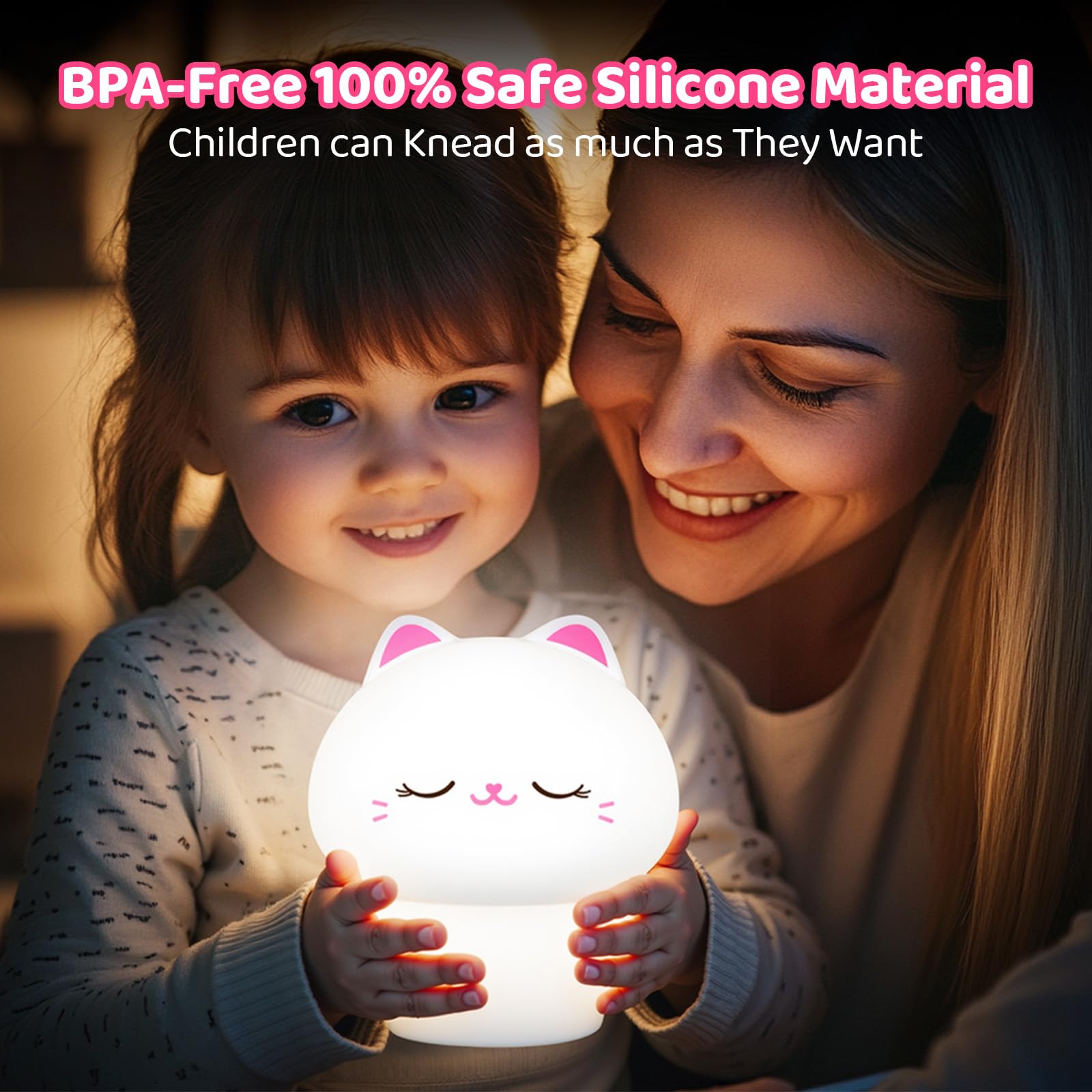 Caaaat Cat Night Light for Kids-10 Colors Cute Lamp, 1200 mAh Dimmable Lamp, Silicone Kids Night Light, Nightlight for Toddler T