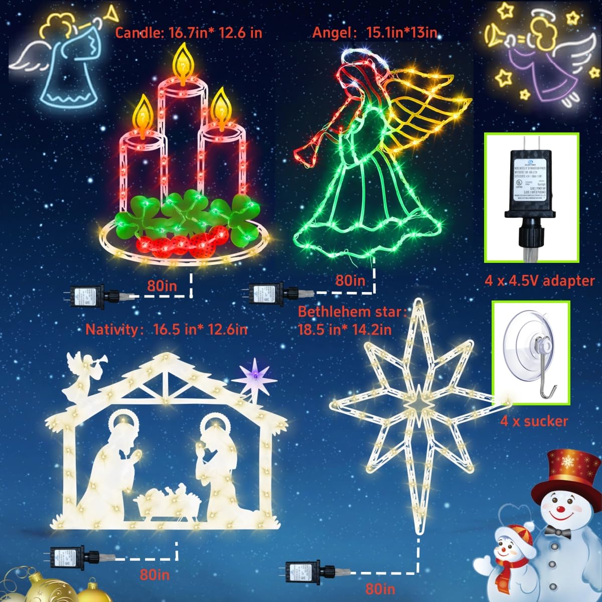 Pytopkto Christmas Decorations - 16" Christmas Window Silhouette Lights - 4 Pack Colour Lighted Nativity & Angel & Bethlehem Star & Candle For Holiday Indoor And Outdoor Wall Door Window Decorate