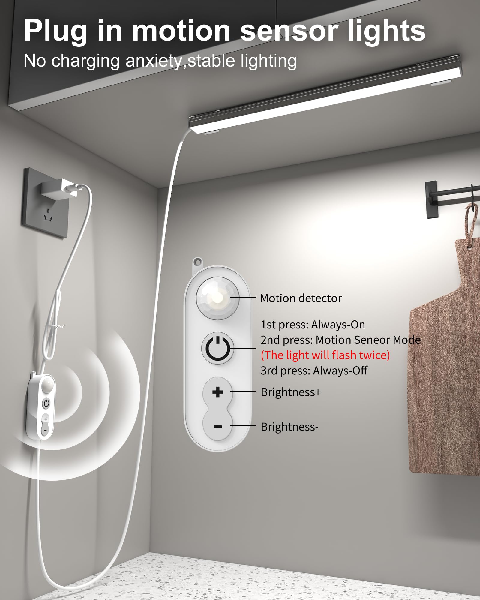 ASOKO Motion Sensor LED Under Cabinet Light Bar, 12 Inch, Cool White 6000K, Plastic, Model UNO-UT