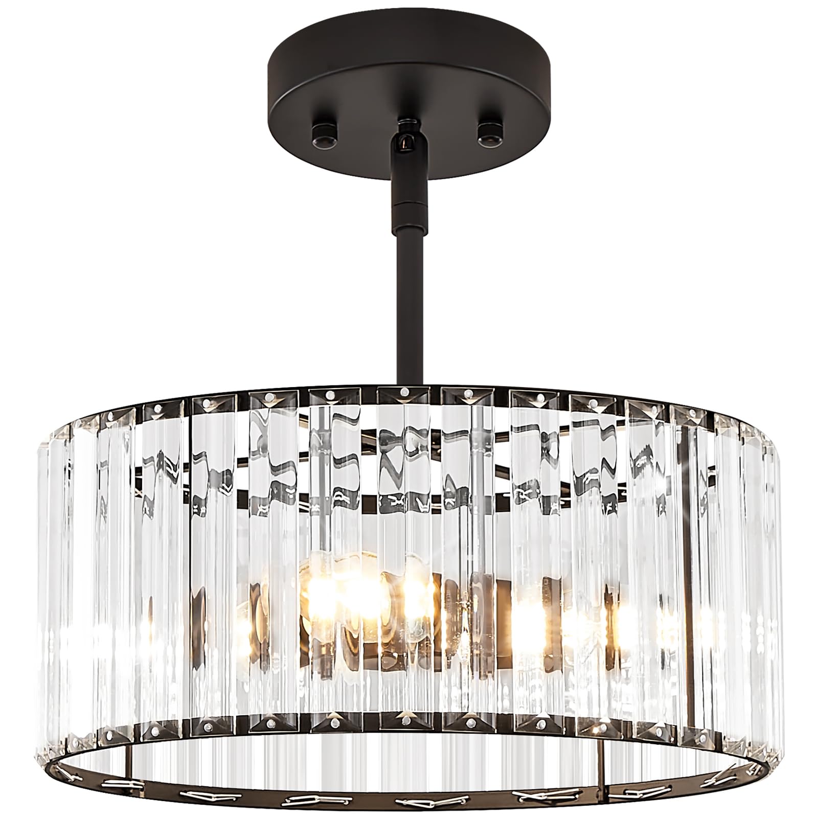 YURNYQ Black Crystal Chandelier, Small Modern Semi Flush Mount Ceiling Chandelier Light Fixtures, Round Hanging Lighting Fixture