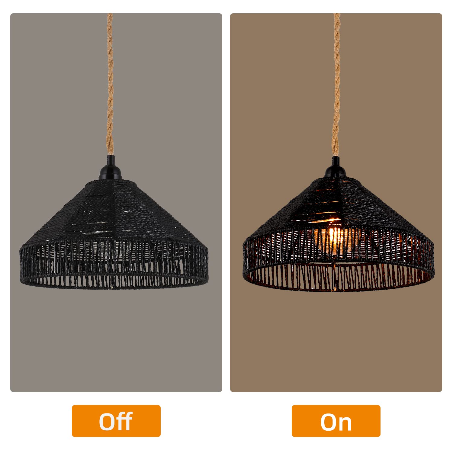 Plug In Pendant Light Rattan Hanging Lamp With On/Off Switch 15 Ft Hemp Rope Modern Woven Pendant Light Fixtures 12" Handwoven Rattan Basket Shade Boho