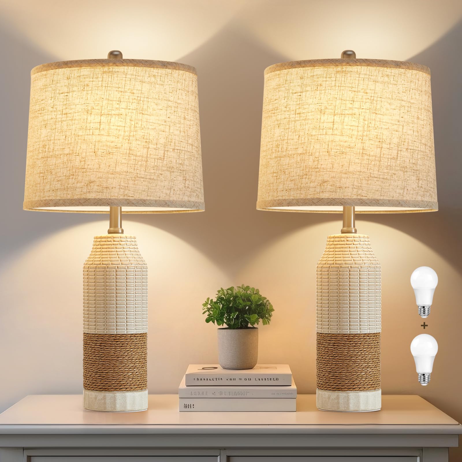 Gyrovu Boho Table Lamps Set Of 2, Rattan Bedside Lamps With 3 Color Temperatures - Vintage Farmhouse Nightstand Lamps For Bedroo