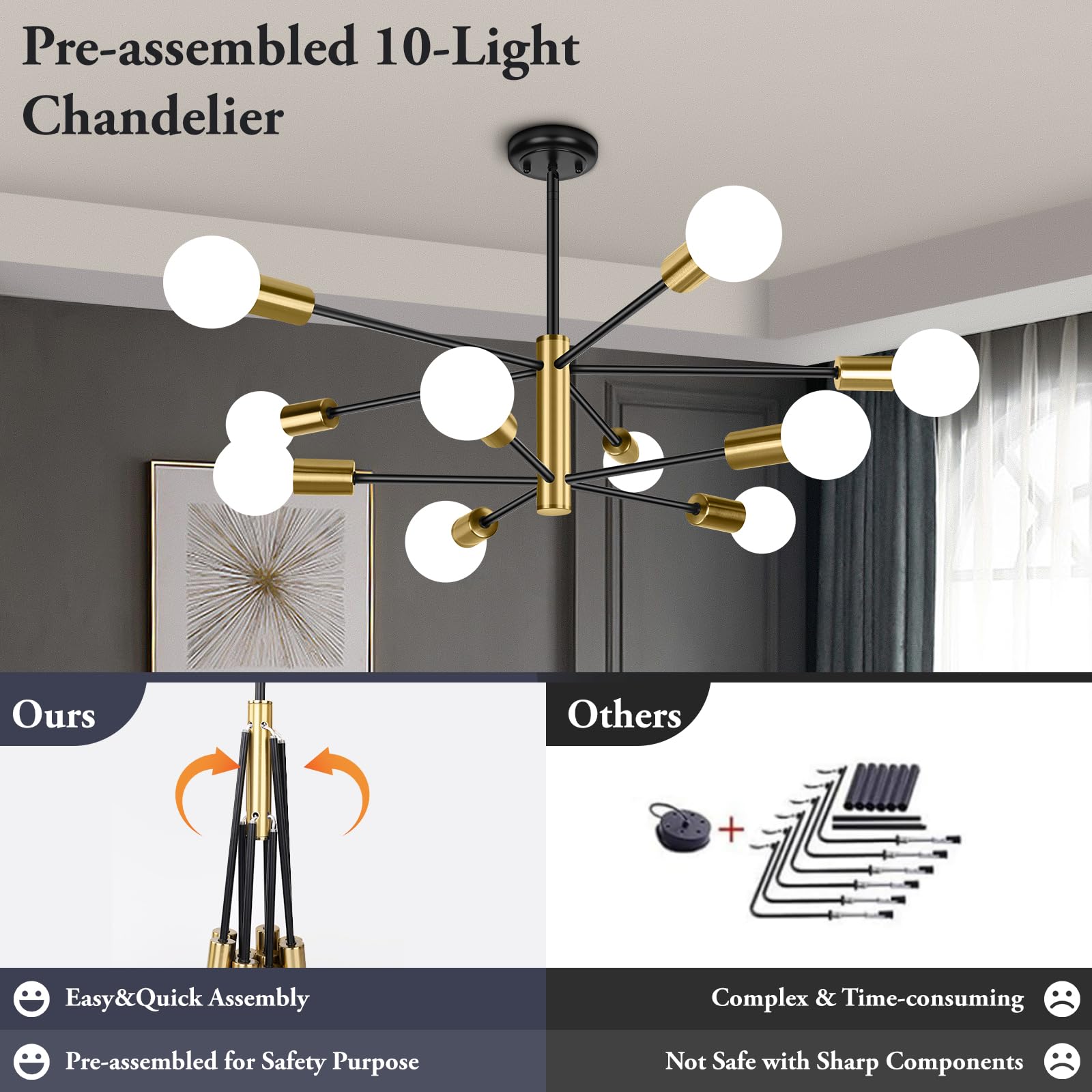 Beslowe 10-Light Modern Sputnik Chandelier, Mid Century Black & Gold Chandeliers Lighting, Farmhouse Ceiling Hanging Light Fixtu
