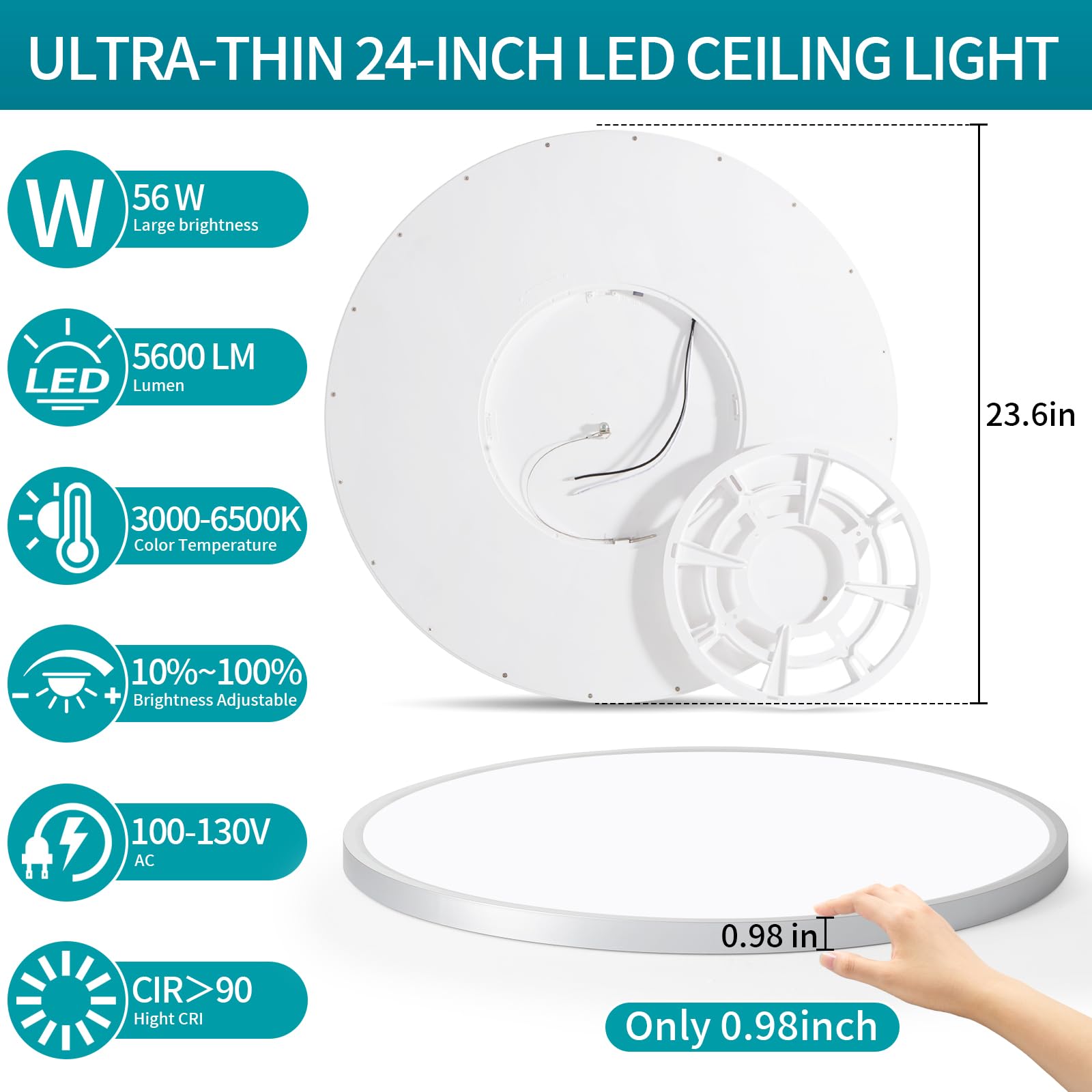 Glowall 24 Inch Round Led Ceiling Light Fixture, Ultra Thin Flush Mount, Dimmable With Remote Control, 56W, 5600 Lumen, Modern,