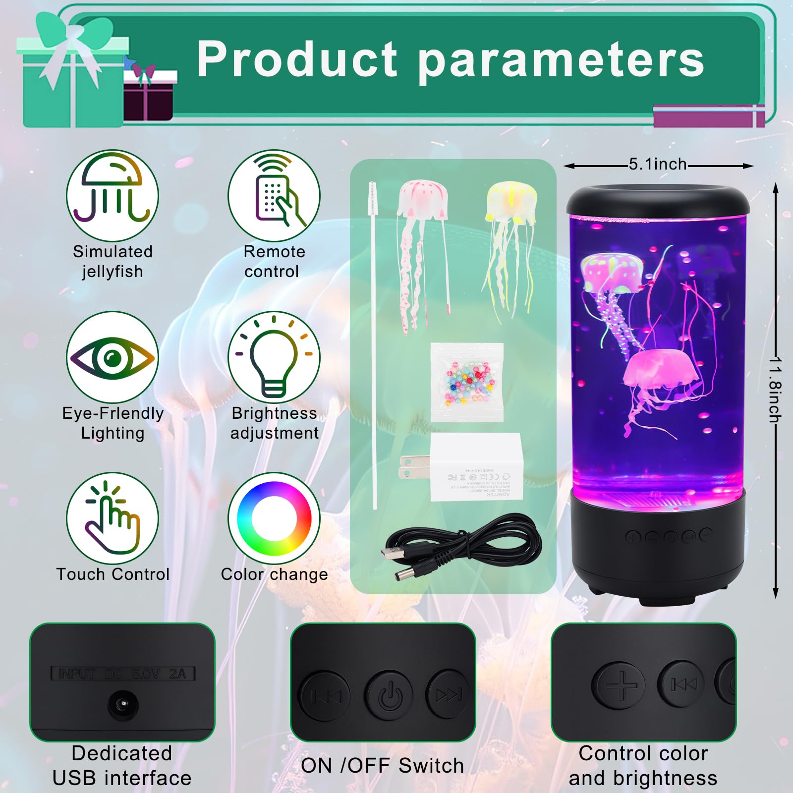 Jellyfish Lamp, 18Led 7-Color Changing Light With 5 Levels Brightness Jellyfish Aquarium Fish Lamp Home Decor, Children'S Birthday Gift, Men'S And Women'S Holiday Gift, Relaxing Mood Atmosphere