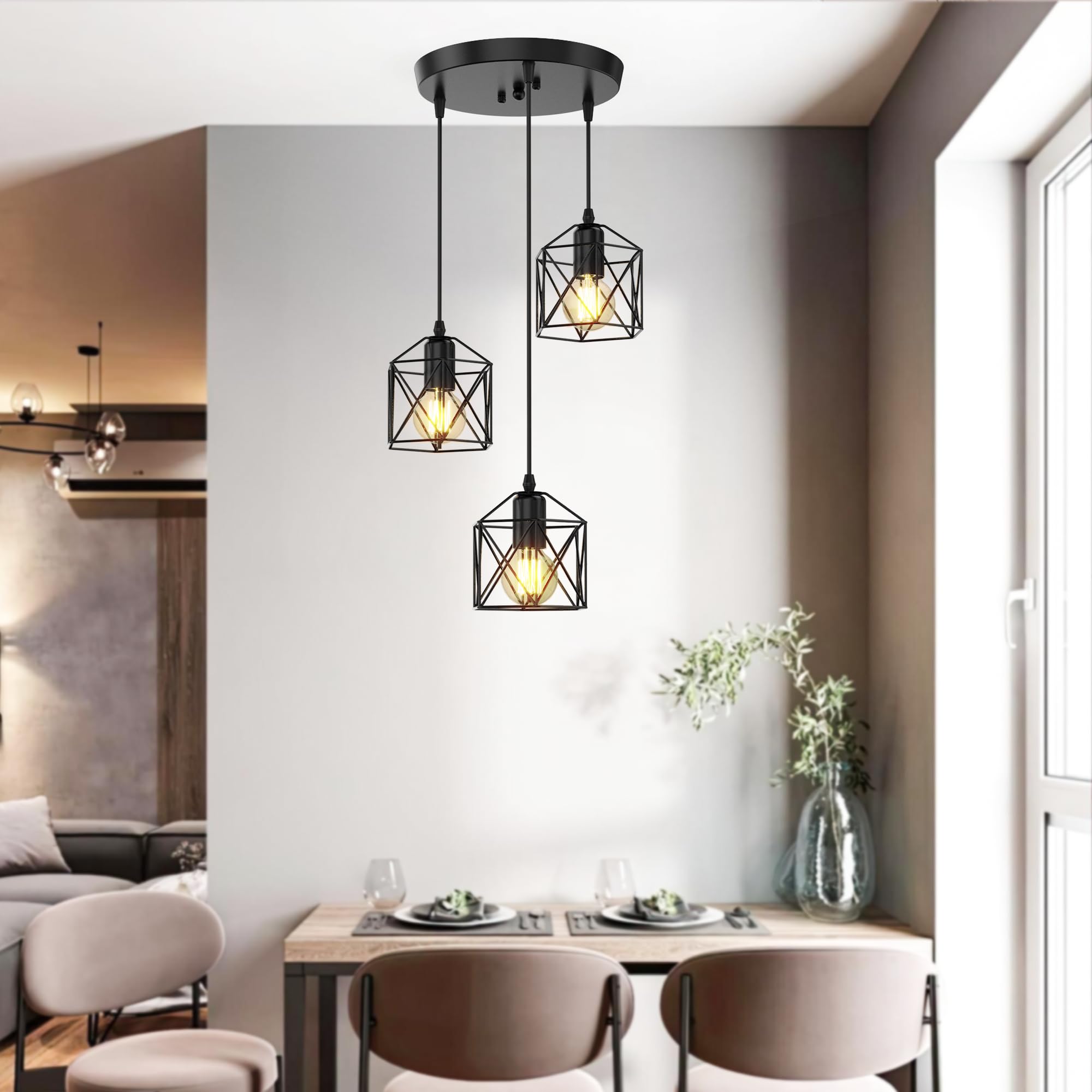 Phaosio 3-Light Pendant Lighting, Adjustable Matte Black Metal Fixture for Kitchen Island & Dining Room, Model Posi06