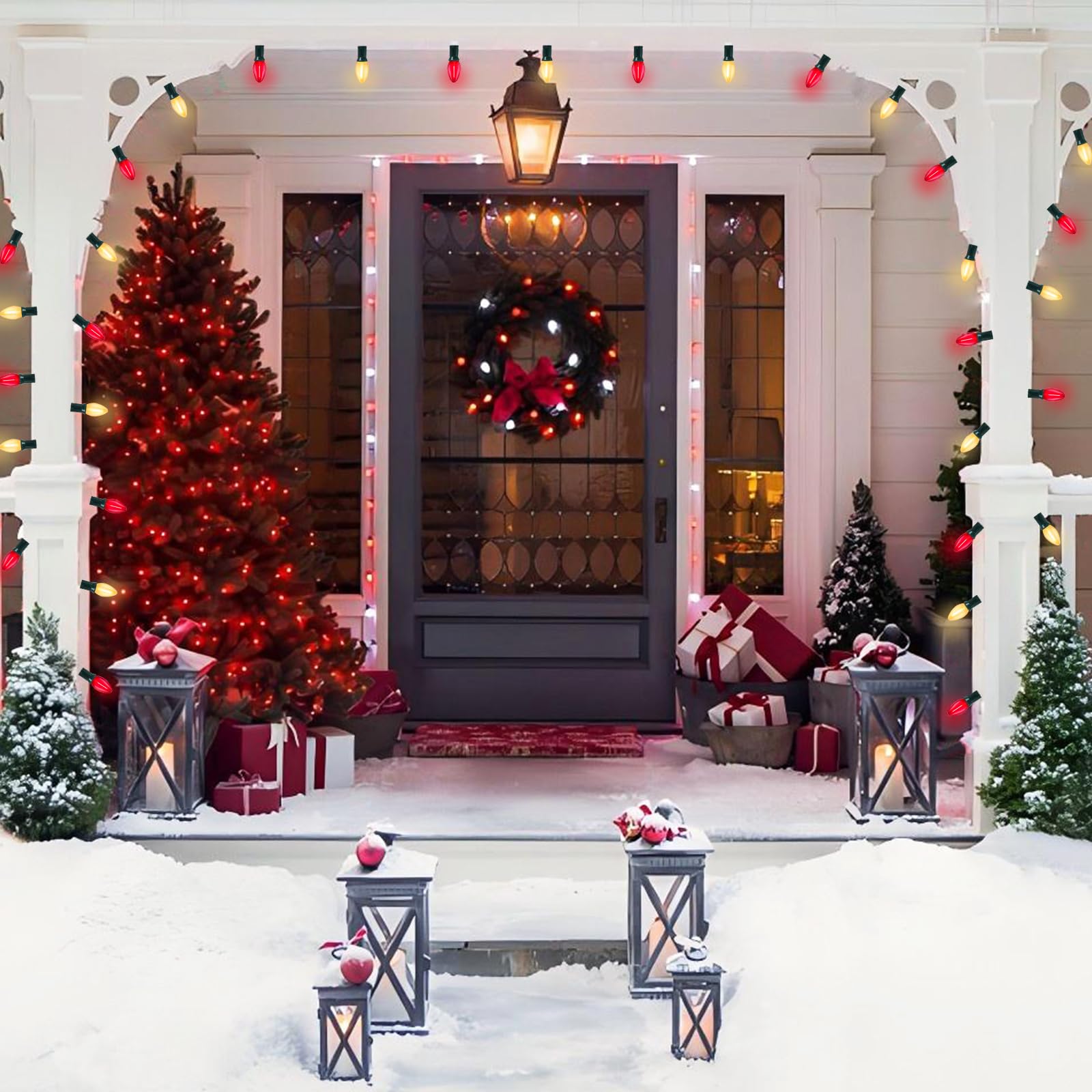 C7 Led Christmas Lights Outdoor, 25Ft Red And Frosted White Christmas Lights With 27 Led Energy-Efficient Bulbs, Hanging Outdoor