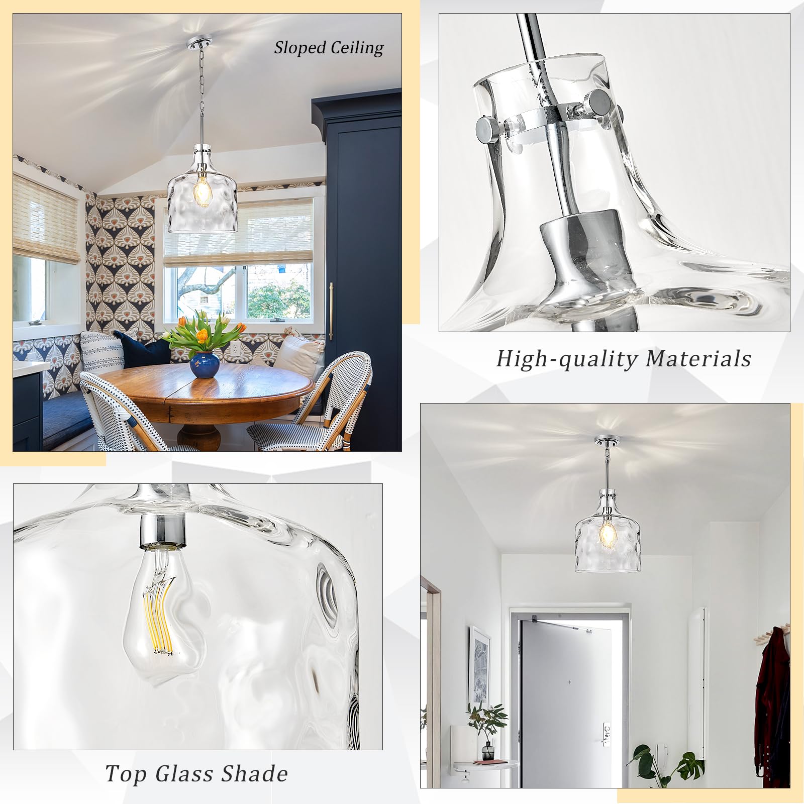 Glass Pendant Light Vintage Farmhouse Pendant Lighting With Handblown Clear Hammered Glass Shade, Adjustable Chain Ceiling Light