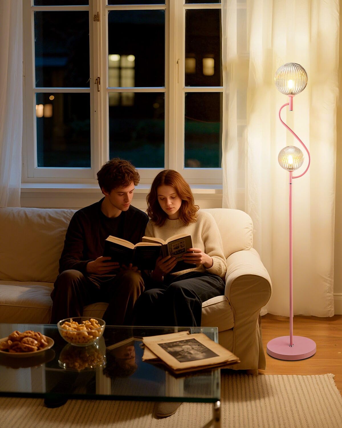 Lightdot Pink Floor Lamp, Mid Century Tall Standing Lamps with Globe Clear Glass Shade Soft Warm White Bulbs Included, Modern Un