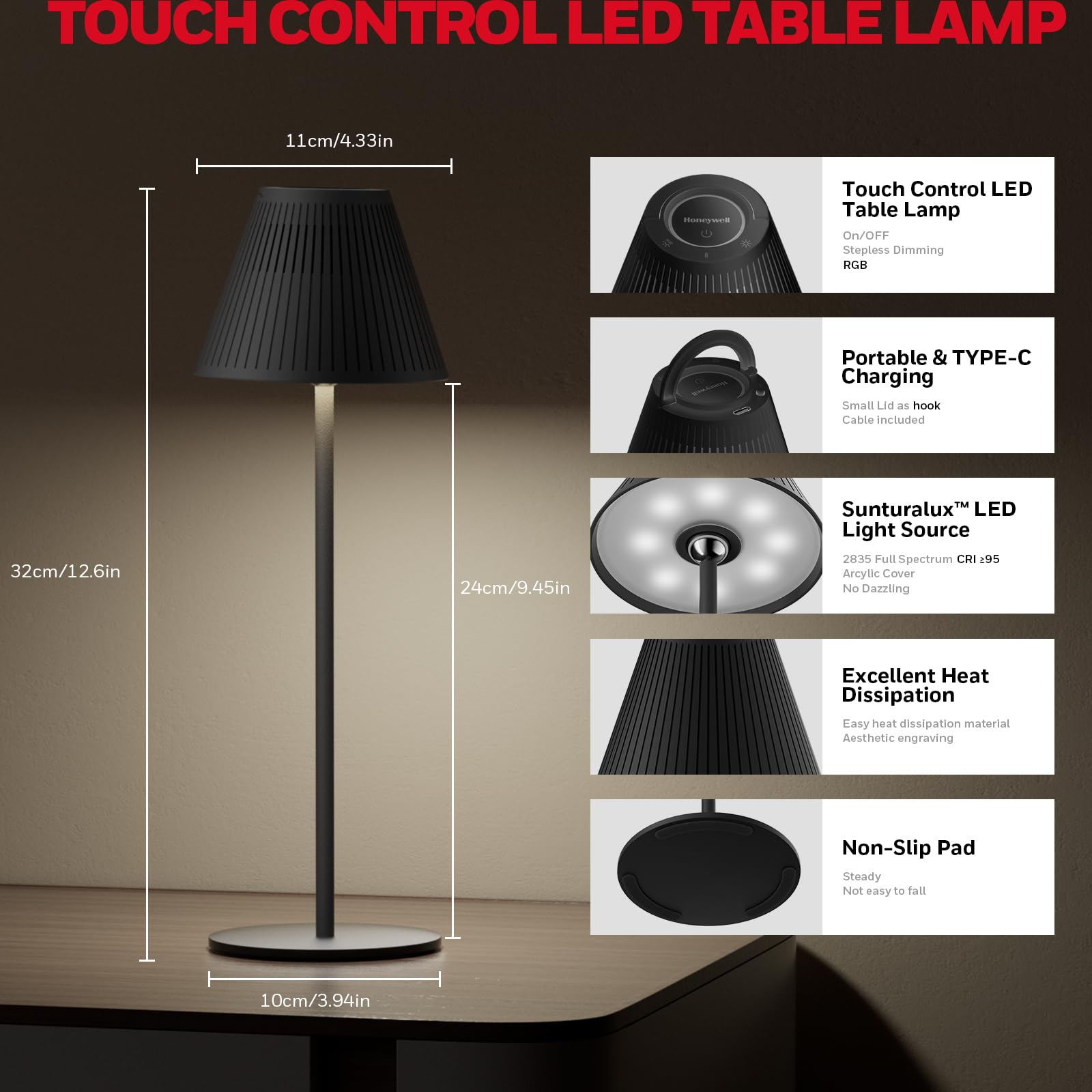 Honeywell M1 Sunturalux Cordless LED Desk Lamp, 5200mAh Battery, 4-Color Dimmable Touch Control, Black-5000K, 1 Pack