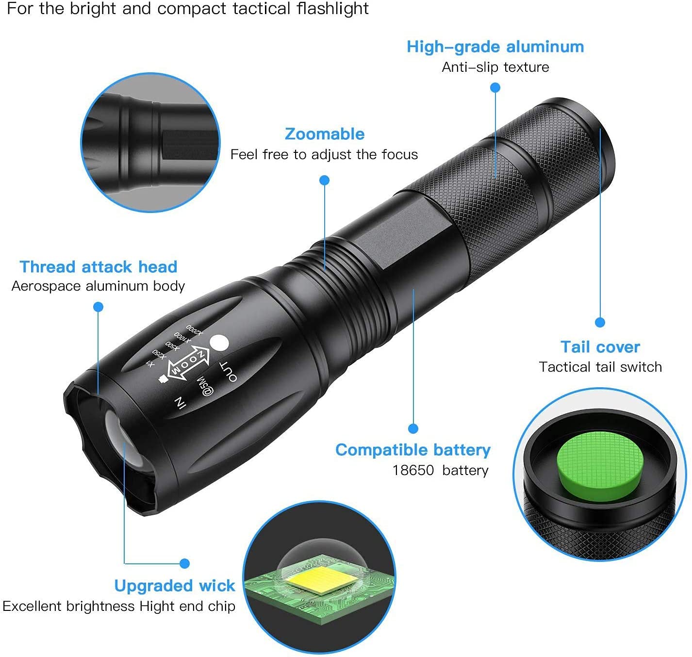 Maxiaeon Led Rechargeable Flashlight Set, Bright 8000 Lumens 18650 Flashlights High Lumens With 5 Modes, Waterproof Flashlights