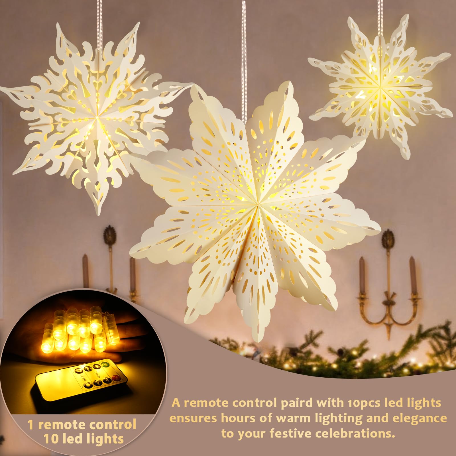 OuMuaMua 10 Pcs Christmas Paper Snowflake Lanterns - Large White Star Lanterns with LED Lights for Holiday Party Decorations