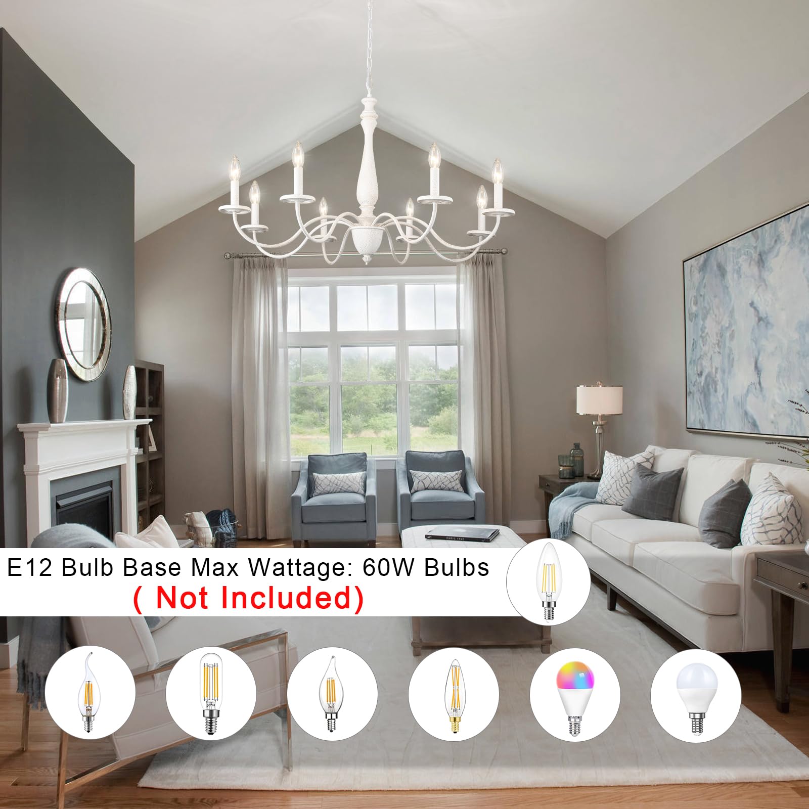 Mrhyswd White Farmhouse Chandelier 8 Lights 37.4" Large Distressed Wood French Country Chandelier For Dining Room Chandelier Candle Pendant Light Fixtures Ceiling For Kitchen Living Room Foyer Bedroom