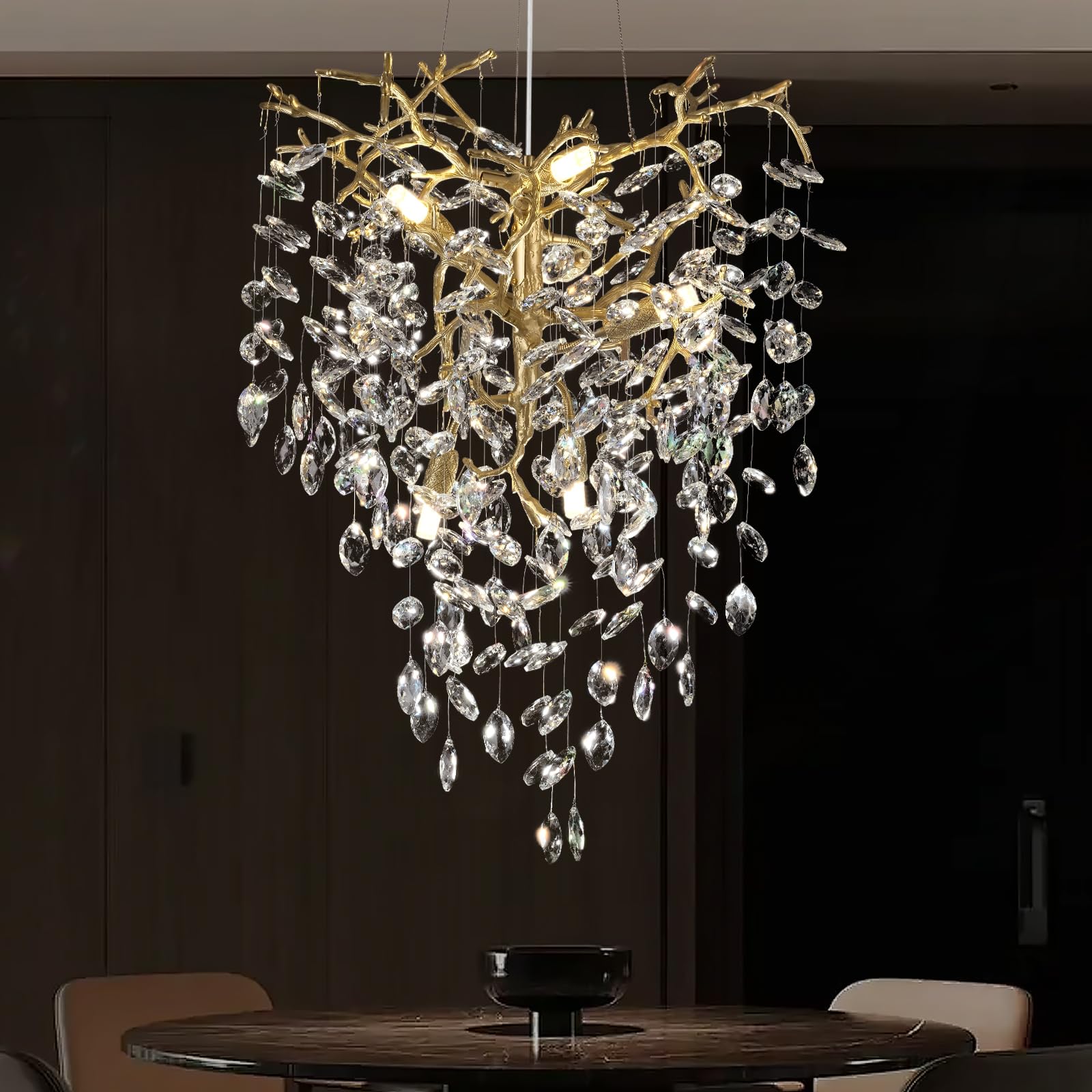 kvtinmty Modern Gold Crystal Tree Branches Chandelier,21 Inchs 6 Lights Modern Round K9 Crystal Chandeliers for Dining Room, Bed