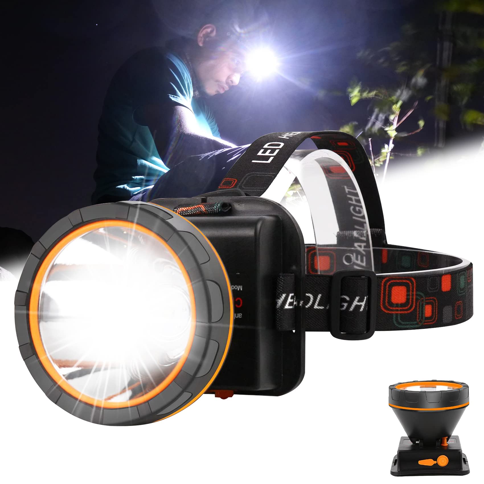 Aikertec LED Rechargeable Headlamp, 90000 High Lumen, Waterproof, Adjustable Angle, Model C1, Black