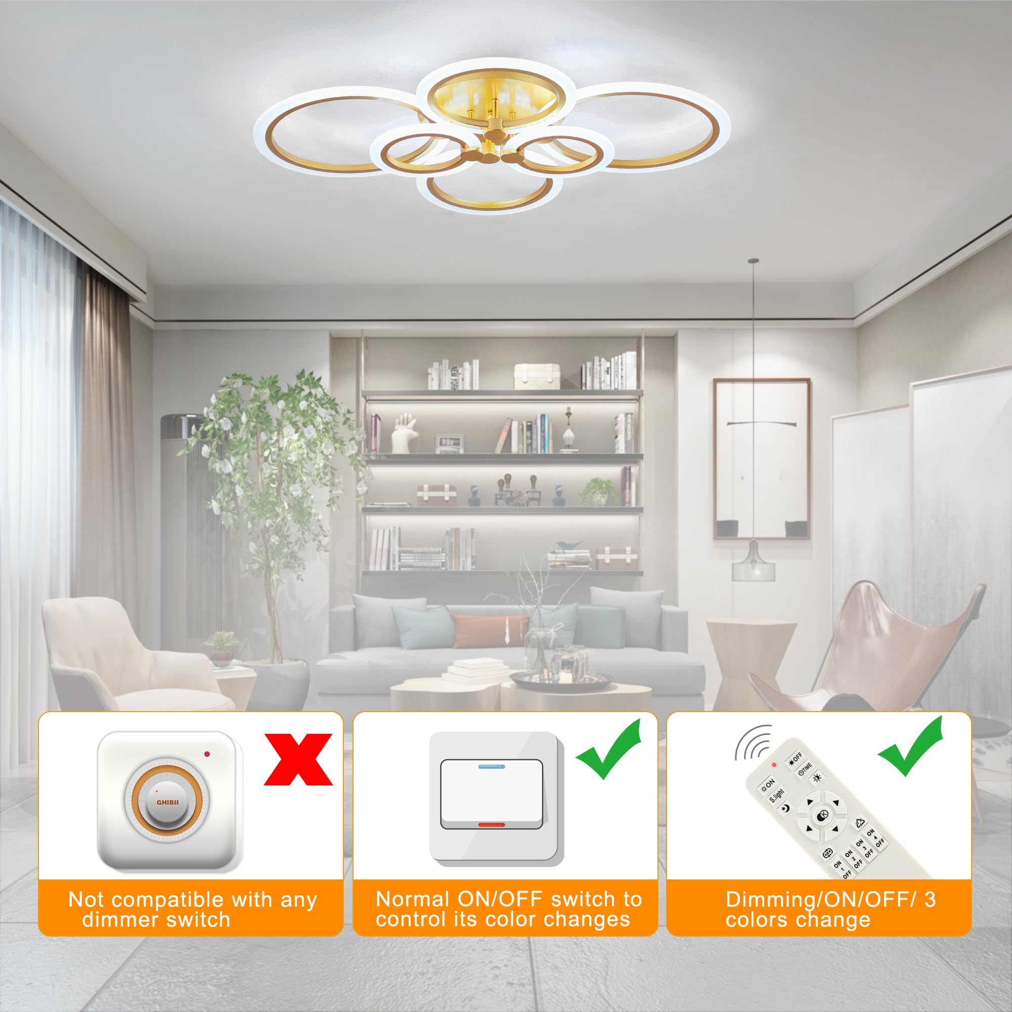 Sjv Modern Led Ceiling Light Fixture, Gold 6Rings Dimmable Flush Mount Ceiling Light, 31.4'' Kitchen Lighting Fixtures Ceiling L