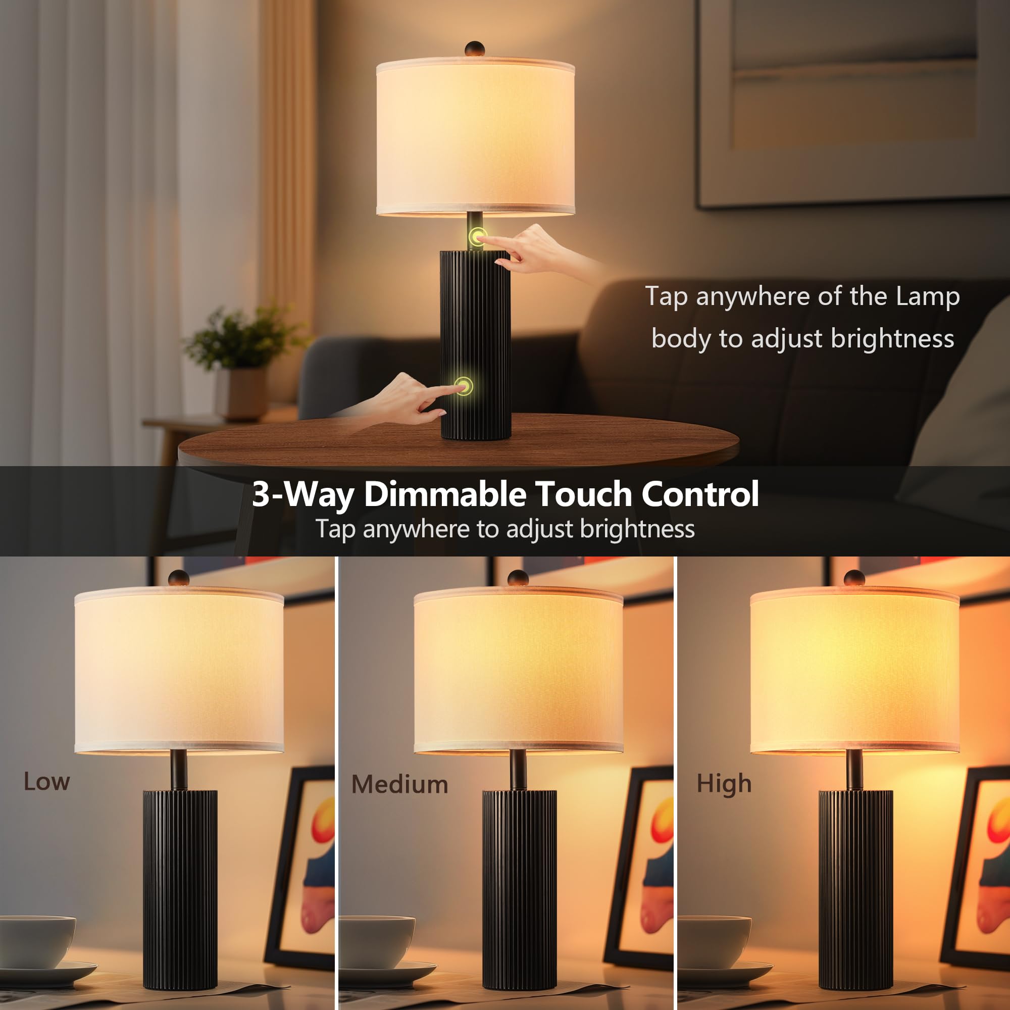BZZMMB Touch Lamps Set of 2, 24.5" Black Modern Table Lamps with USB Ports, Model 2405-1TBK, Ideal for Living Room & Nightstand