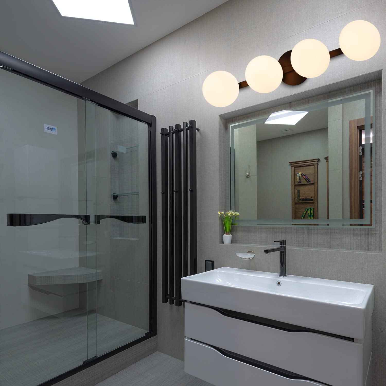 Bathroom Vanity Light Fixtures, Modern 4 Lights Globe Wall Sconce Lighting Matte Black, Porch Wall Mount Light Fixture For Bathr