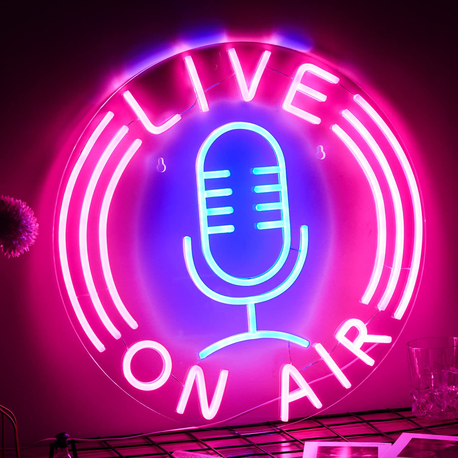 LISIGNVE Live On Air Neon Sign, USB Powered, 12.8inx12.8in, Pink Blue Silicone Wall Decor for Boys Room, Game Room, Studio