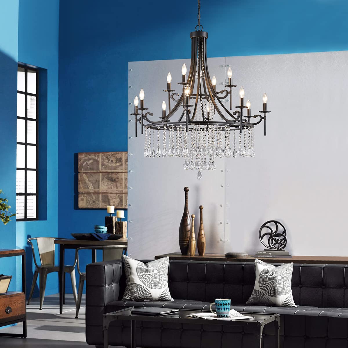 WUZUPS 12-Light Candle Chandelier Pendant Light, Black Metal Modern Fixture for Bedroom, Hallway, Kitchen, Living Room
