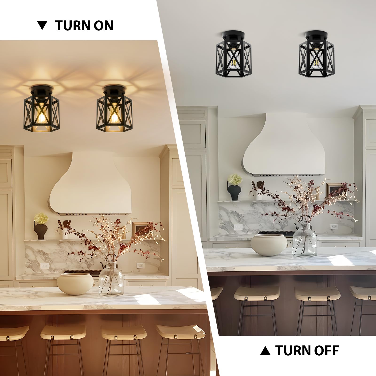 Oteedo Modern Semi Flush Mount Ceiling Light 1-Light Hexagon Flush Mount Ceiling Lights For Dining Room Light Fixture Farmhouse Black Metal Kitchen Island Lighting Fixtures For Hallway Bathroom