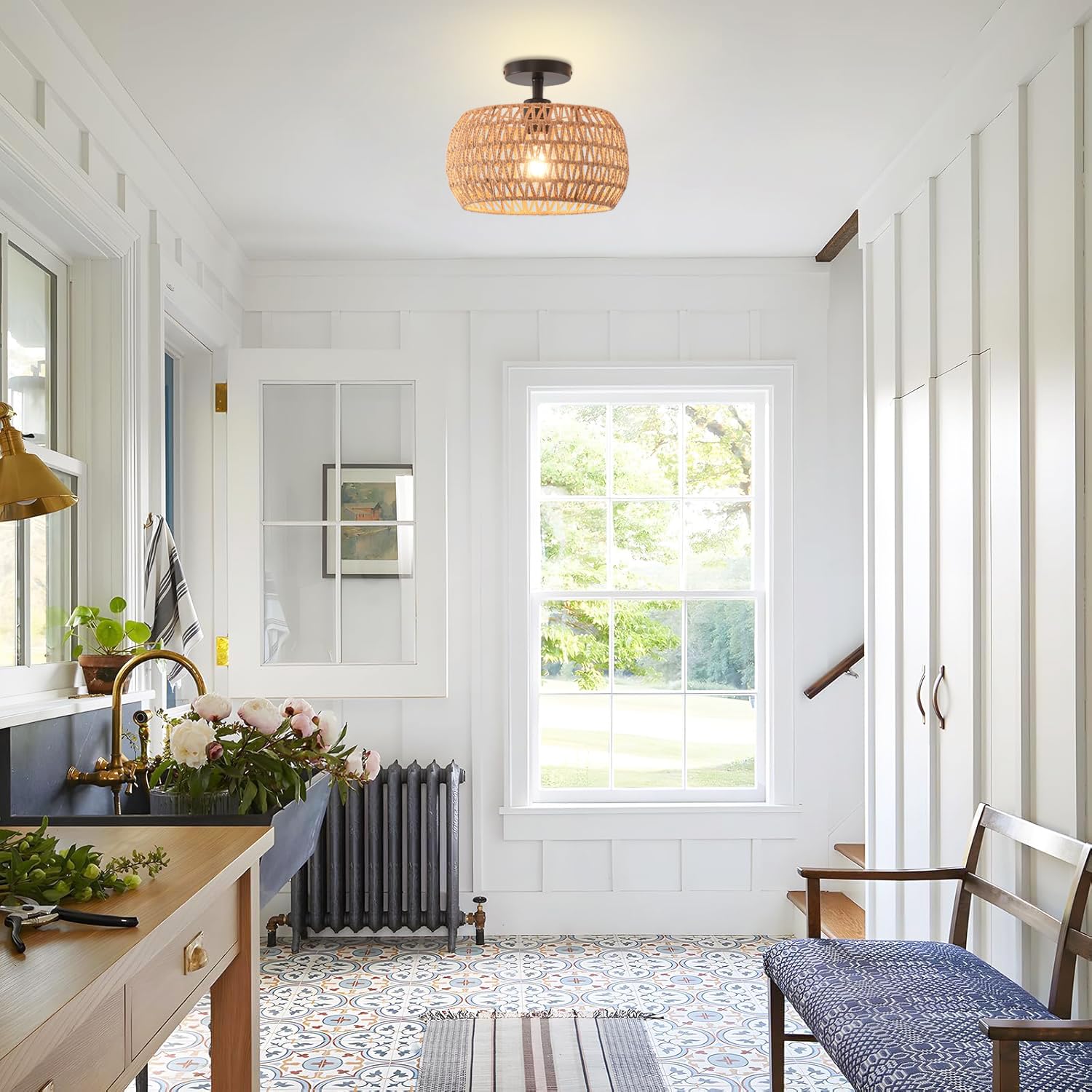 KOONTING Semi Flush Mount Ceiling Light, Hand Woven Rattan, 12.6 in Boho Shade, Brown, Model guu331