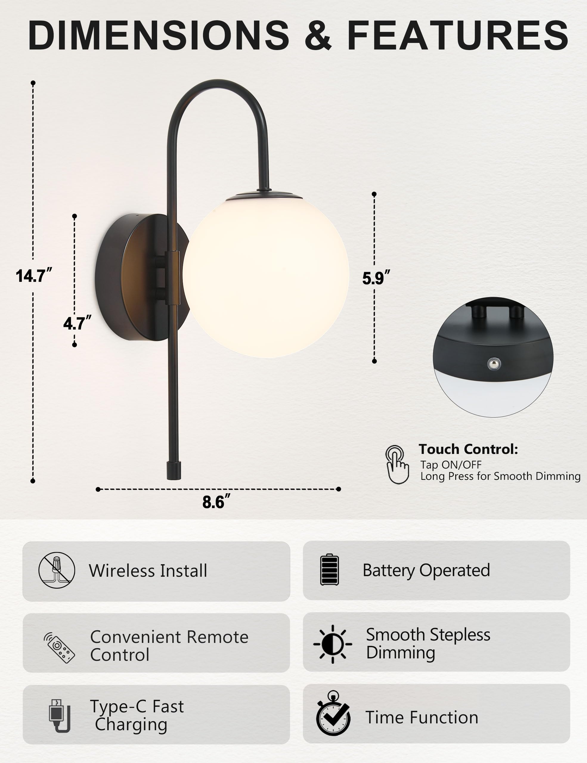 MSTETO Battery Operated Globe Wall Sconces Set of 2, Matte Black, Wireless, Remote Control, Rechargeable, Gooseneck, Model MTIW-109B2