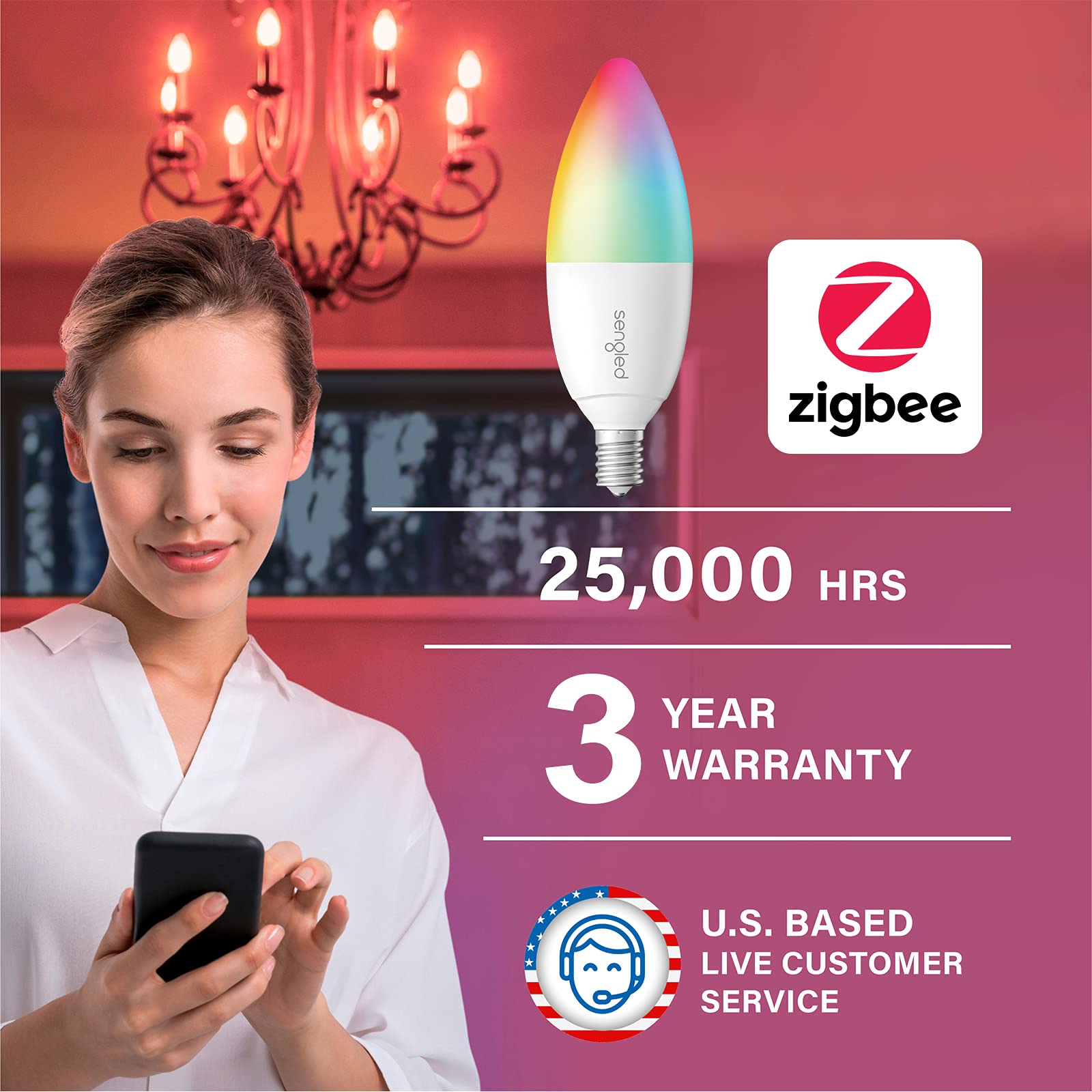 Sengled Zigbee Smart Candelabra Bulbs, Hub Required, Dimmable Multicolor E12 Led Candle Light Bulb Work With Alexa Echo(4Th Gen)