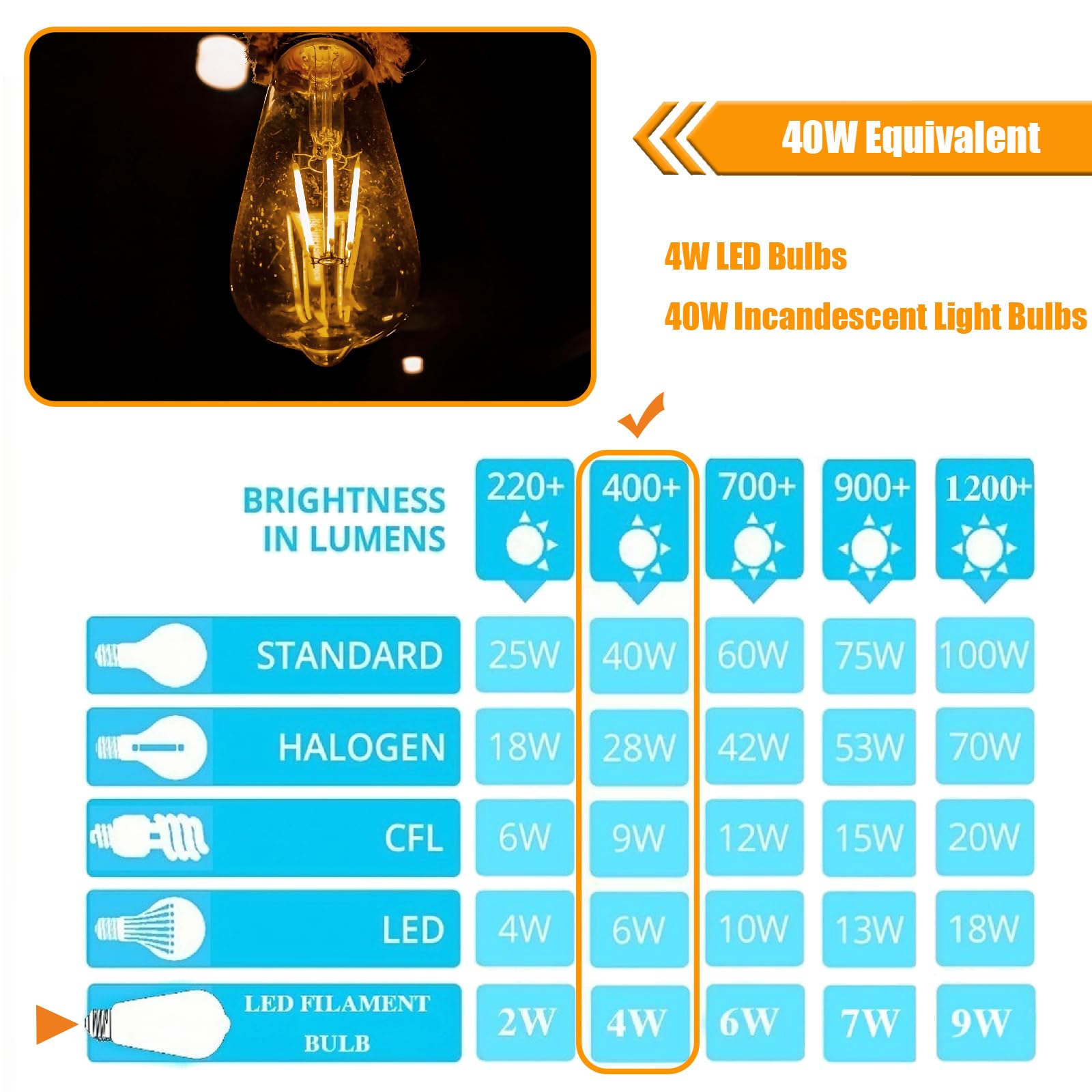 Winsaled Led Light Bulbs 40 Watt Equivalent, 2700K Soft Warm Light Bulbs, 4W Led St19 Edison Bulbs, 450Lm, E26 Medium Base, High