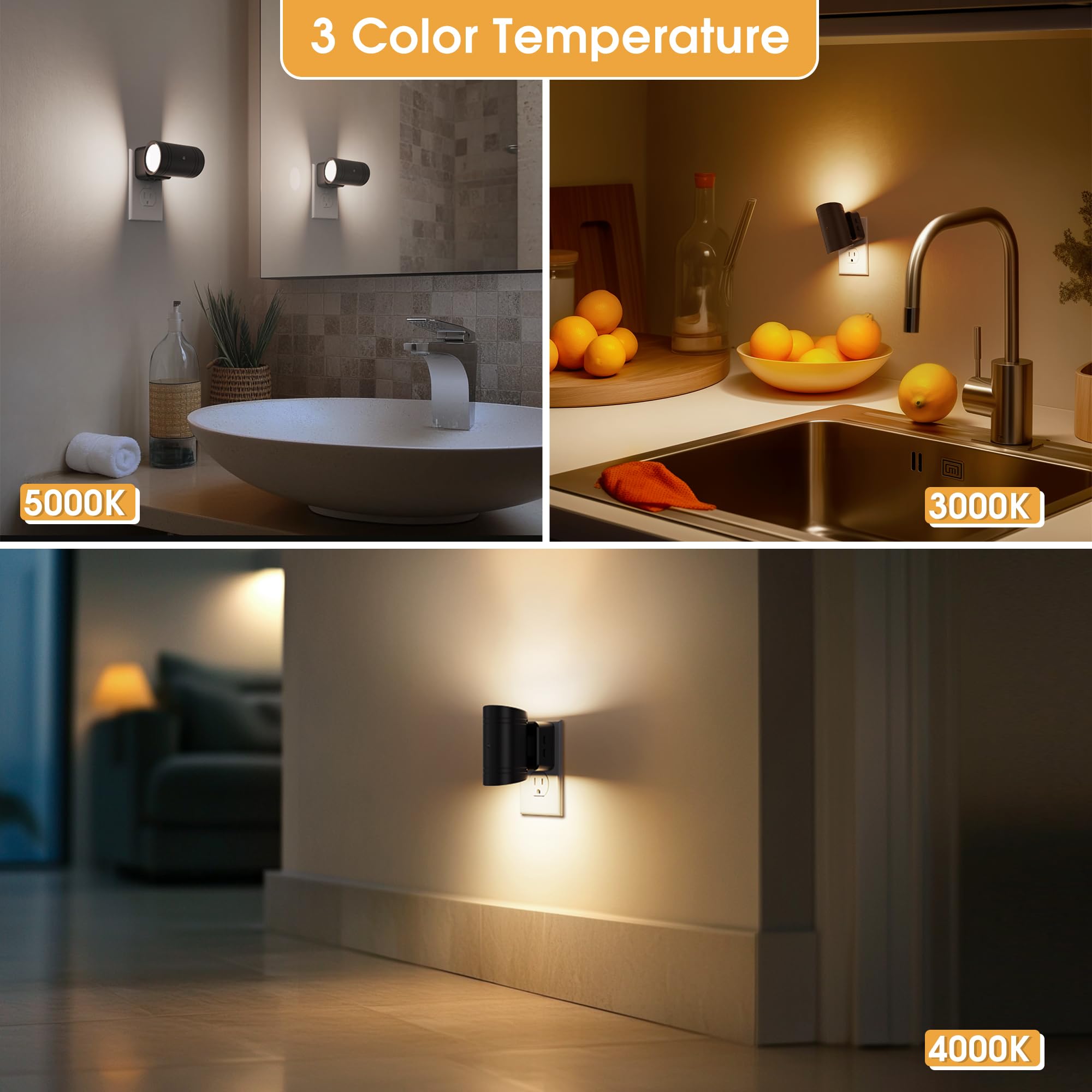Briignite Dusk to Dawn Night Light, Dimmable, 2 Pack, Black-3CCT, Model BRGY15508US-2 for Hallway, Bedroom, Bathroom, Stair