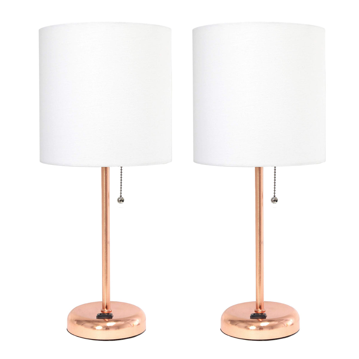 Simple Designs Lc2001-Rgd-2Pk Rose Gold Stick Table Lamp Set With Charging Outlet And White Fabric Shades, 2 Pack Set