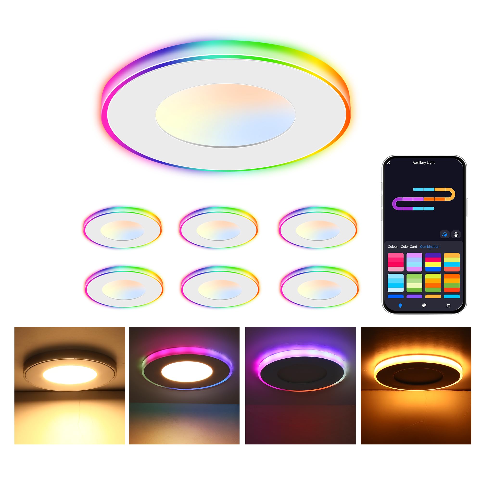 [6 Pack] CLOUDY BAY 3 Inch RGB Smart Recessed Lighting with Gradient Accent Light and Night Light,2700K~6500K,7W Recessed Lights