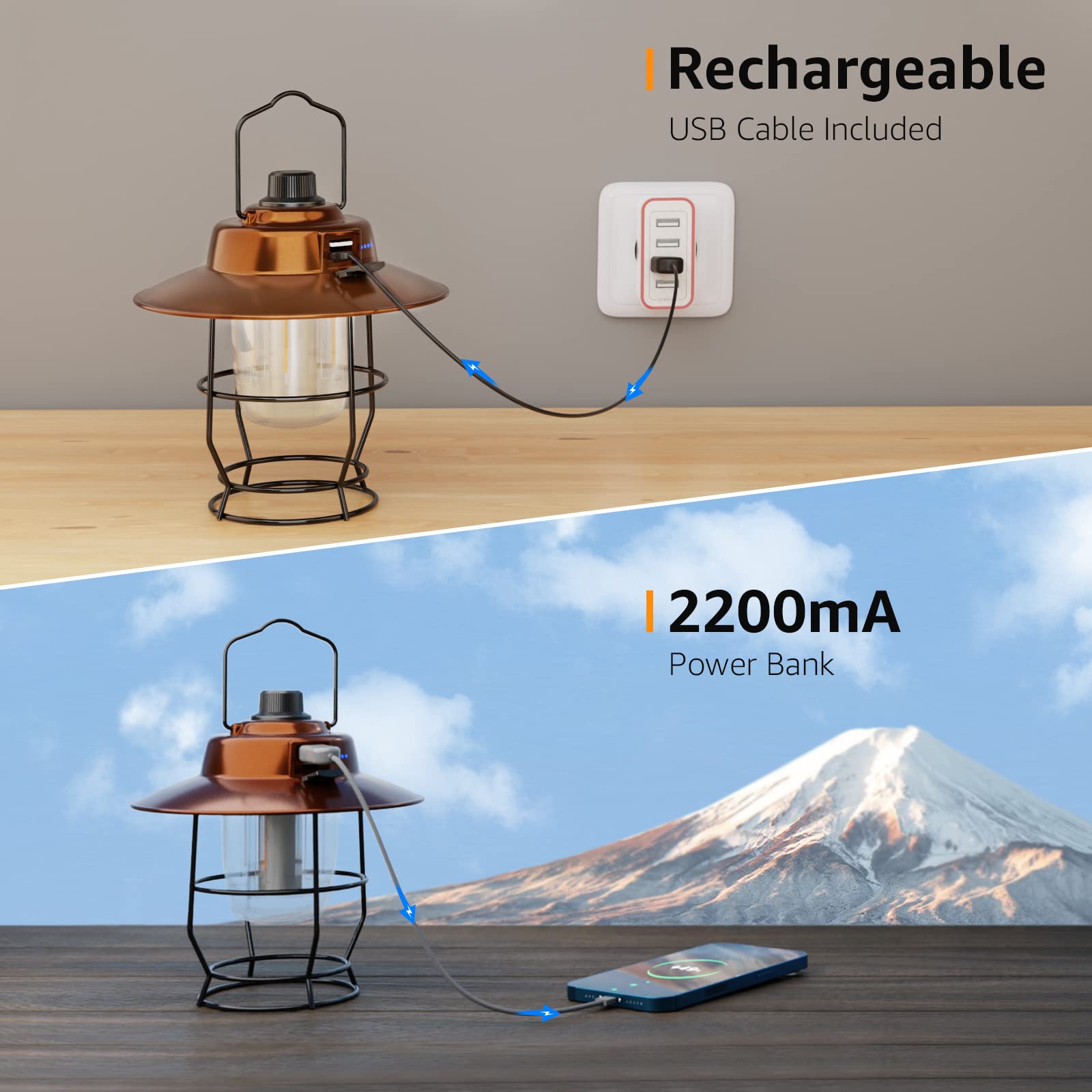Lepro Vintage LED Camping Lantern, Rechargeable Power Bank, Portable Retro Style, Bronze, Model PR330039