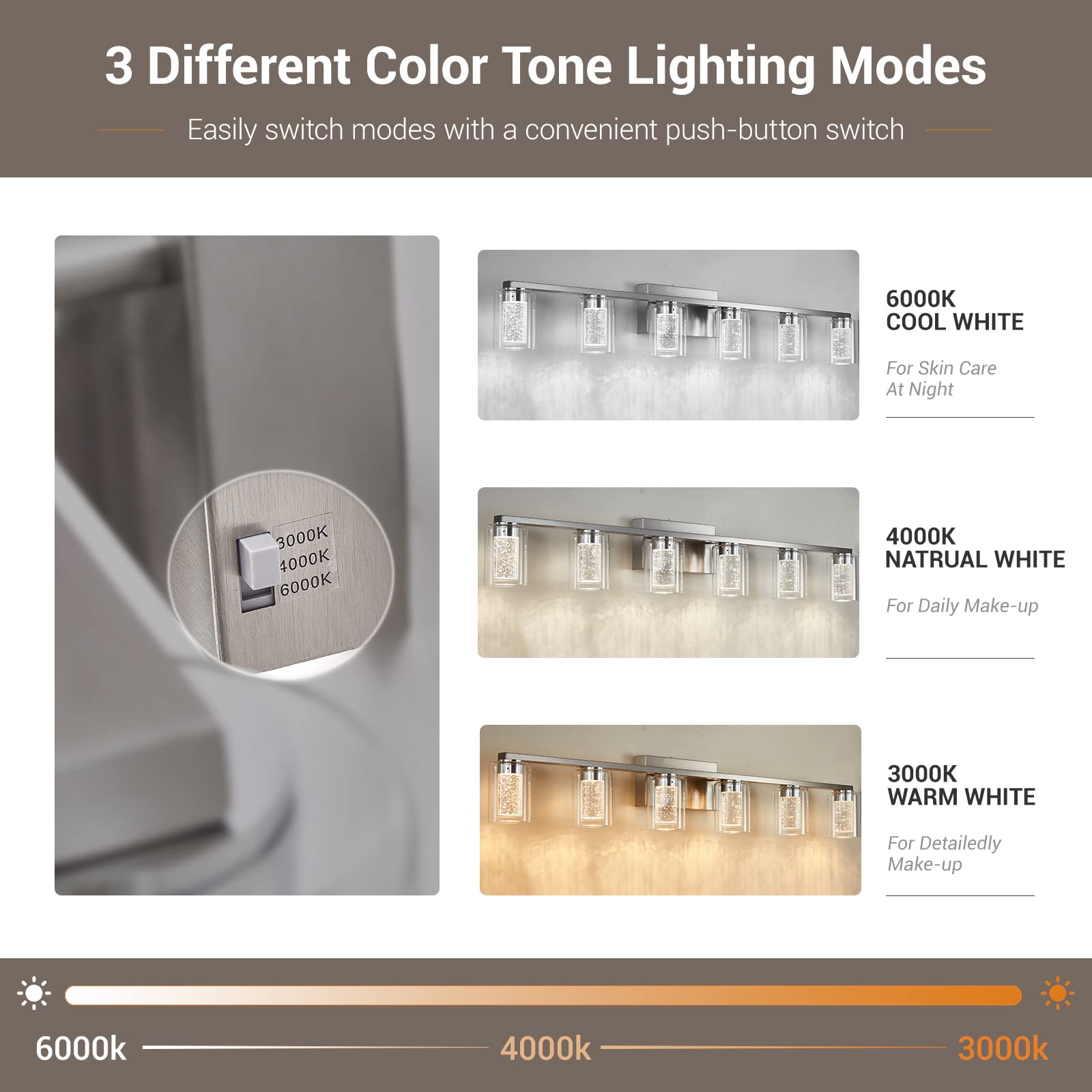 6 Light Bathroom Light Fixtures, Brushed Nickel Bathroom Vanity Light, Crystal Bubble Glass With Dimmable 3-Color (White/Neutral/Warm), Led Bathroom Wall Sconce For Bathroom Hallway Living Room
