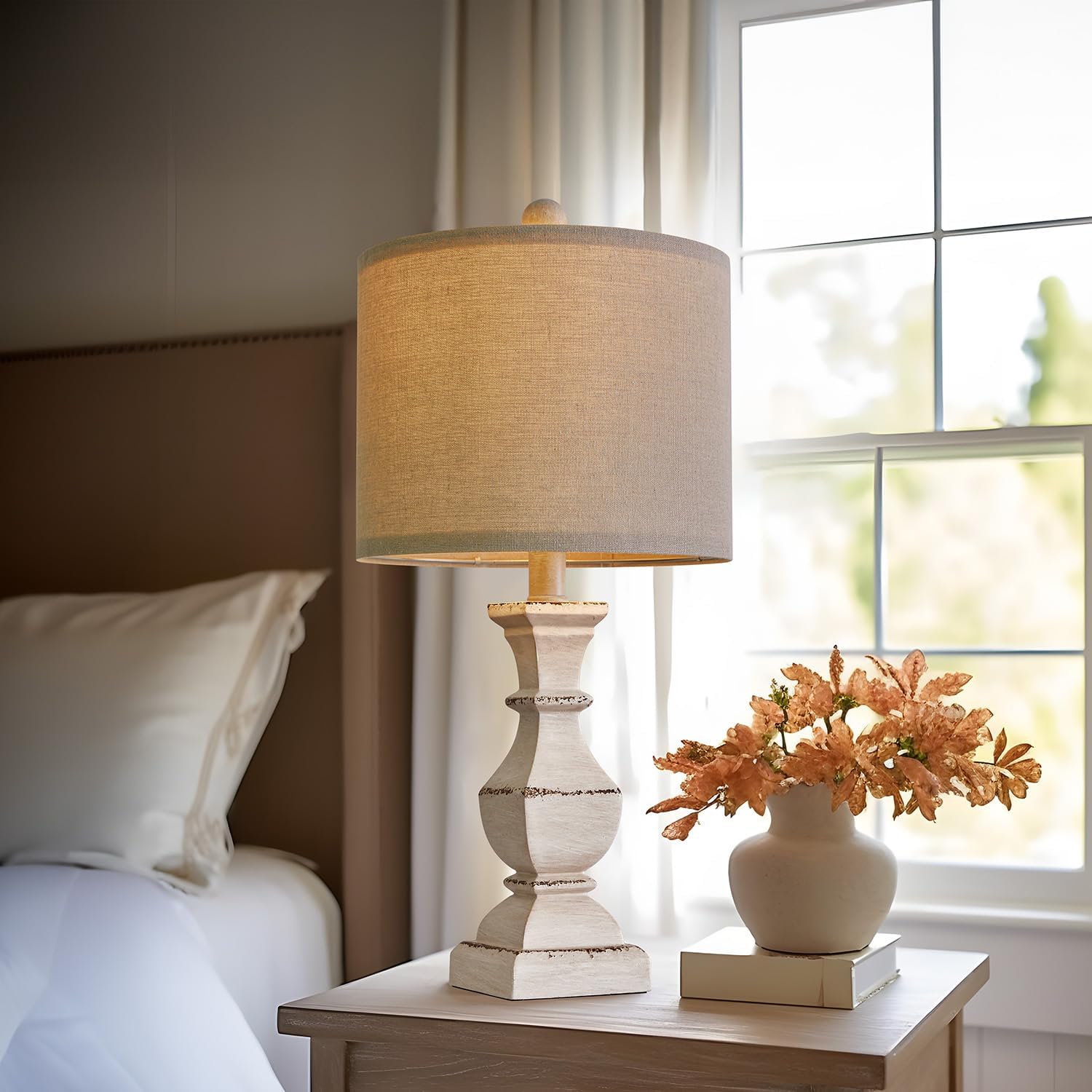 PoKat Retro Table Lamps Set of 2, Antique Beige, Small Size, Vintage Rustic Design for Bedroom and Living Room, Model AMZ-T1041ANT